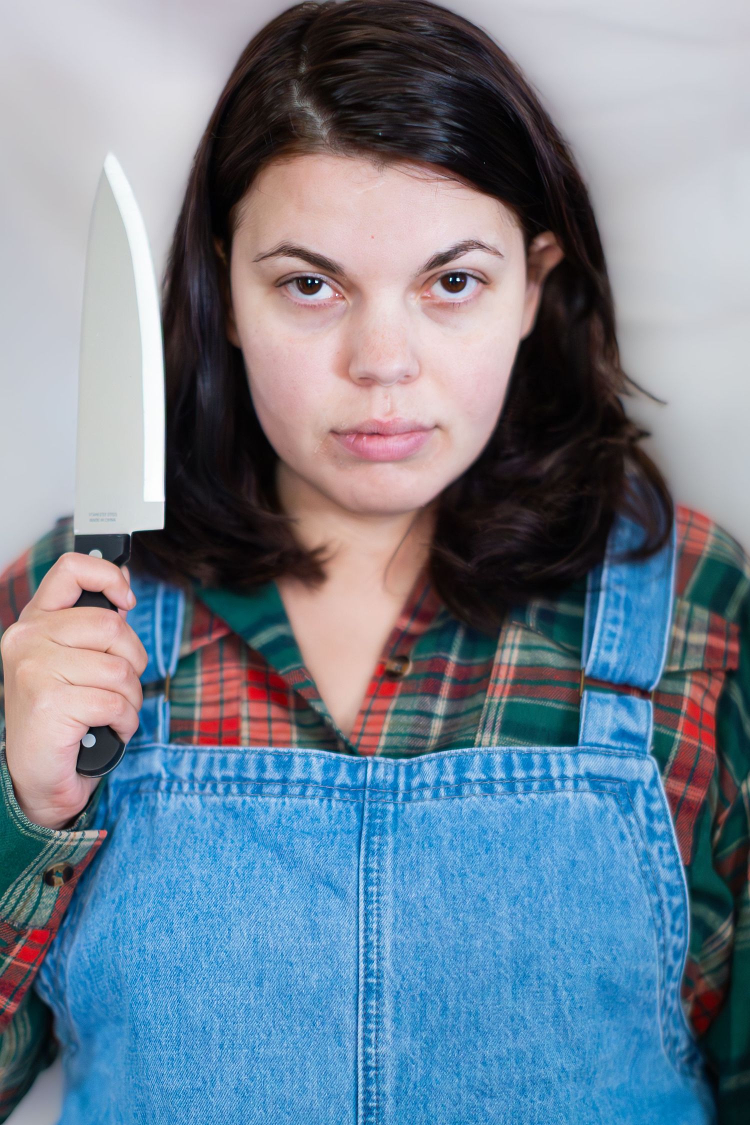 A series of photos showing someone in a plaid shirt and denim overalls posing with different expressions.