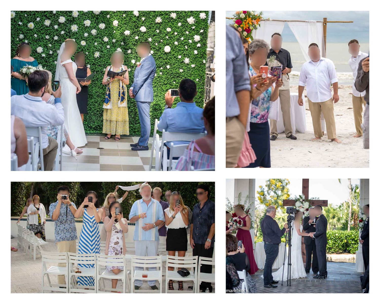 A collage of four wedding ceremony moments showing guests distracted by their phones.