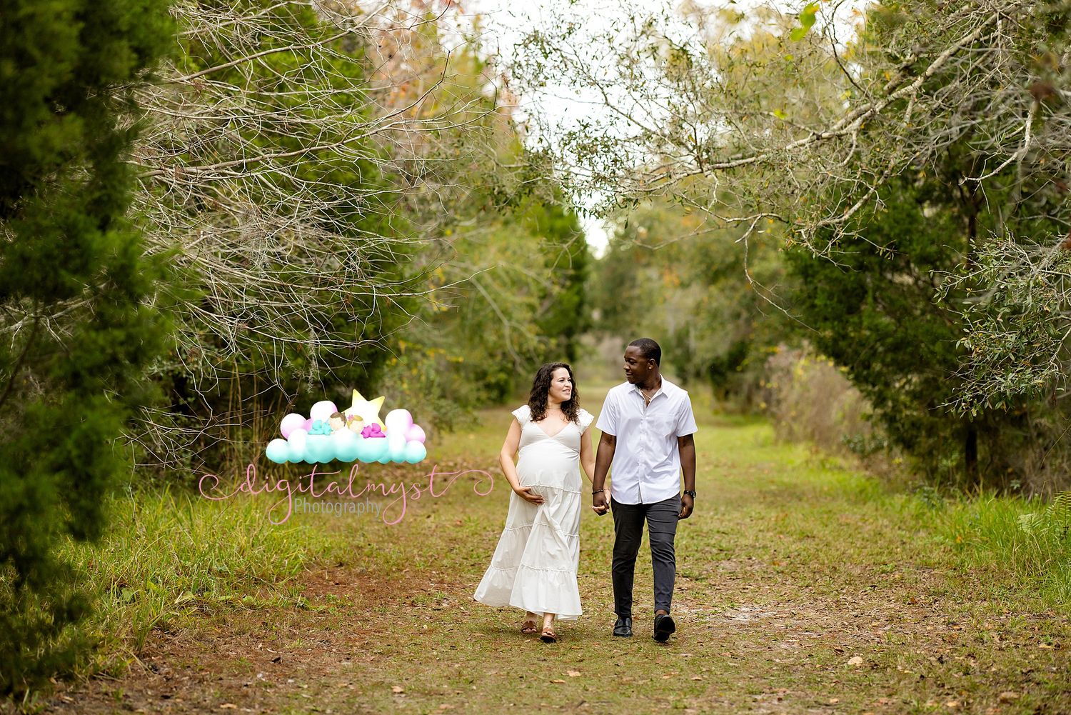 A series of outdoor family photos taken in a wooded area with natural greenery and soft lighting in the background.
