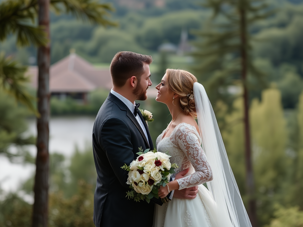 A couple in wedding attire embraces on a hilltop, with the bride holding a white rose bouquet and a lake vista behind them.