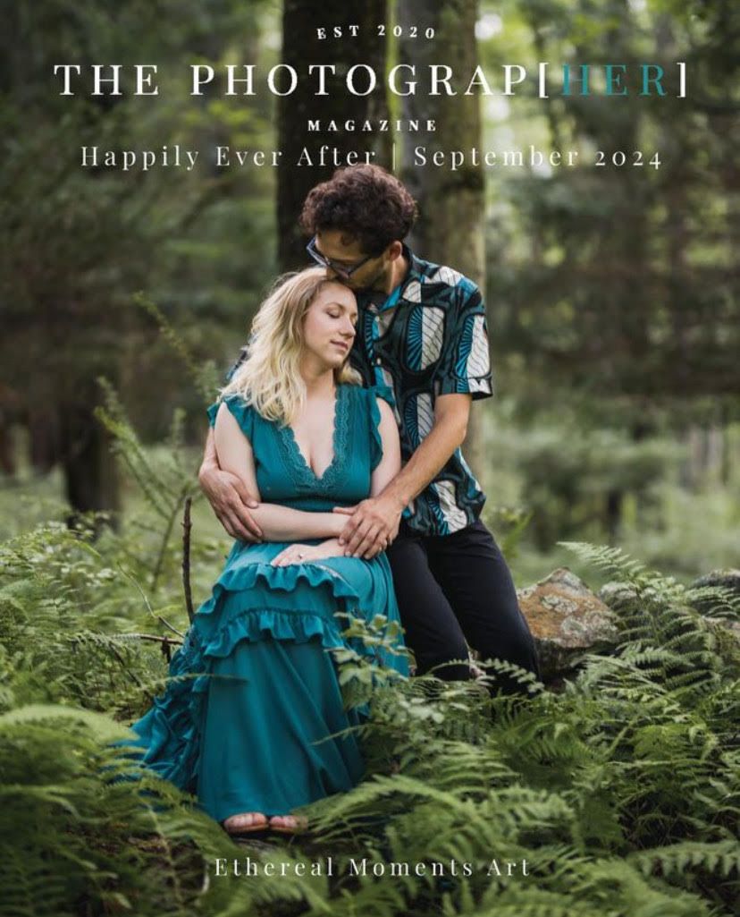 A romantic portrait in a lush forest setting with couple among green ferns.