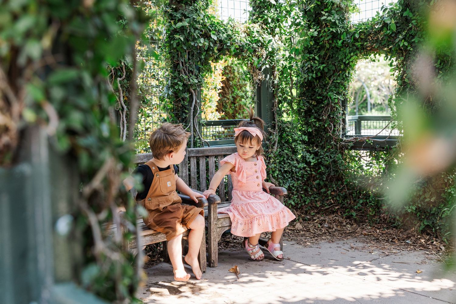 Two people sit together on a wooden bench in a sunny garden setting surrounded by lush greenery.