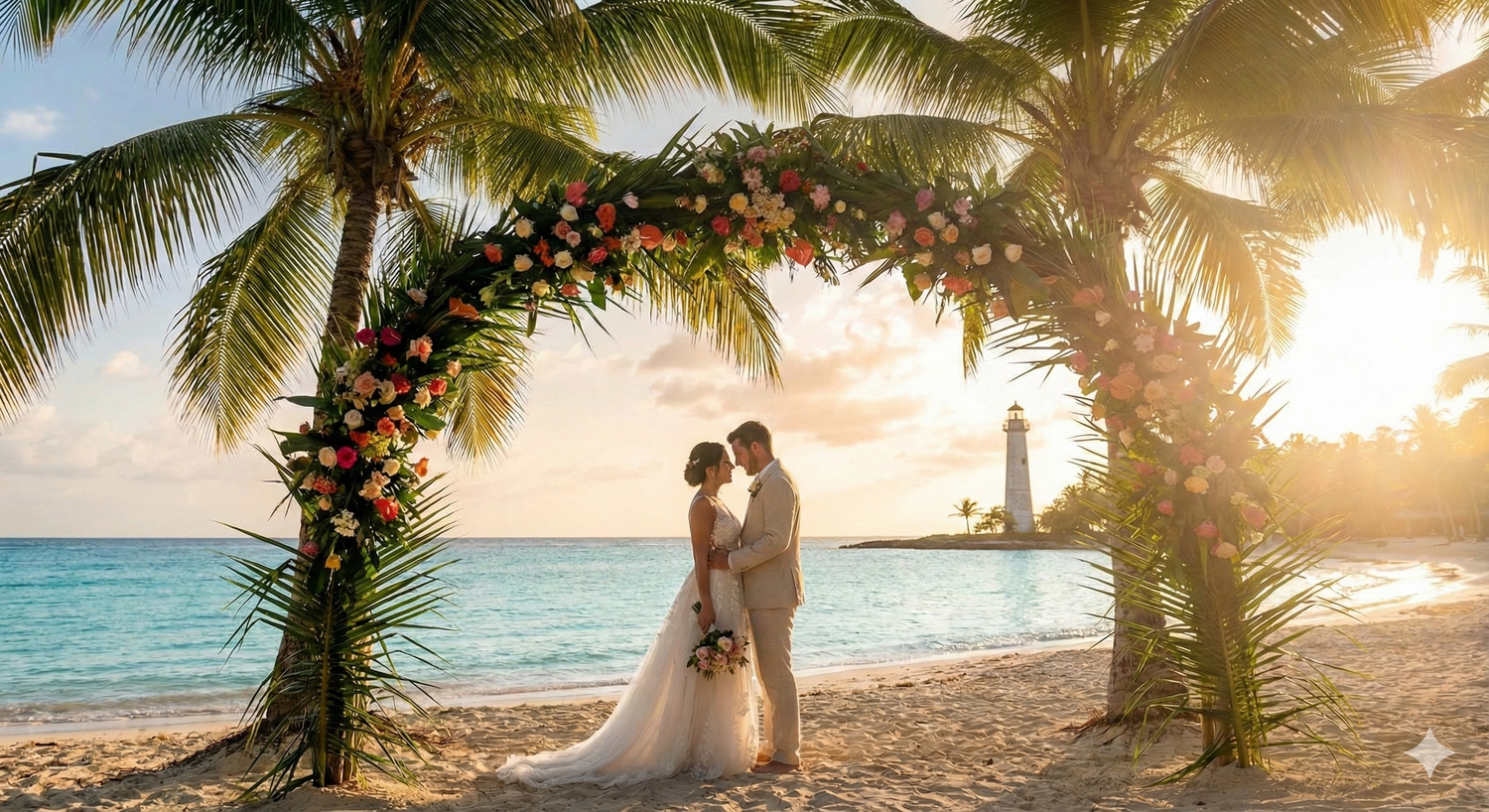 Un montaje romántico de ceremonia de boda en la playa, con arco floral y palmeras durante un atardecer dorado junto al océano.
