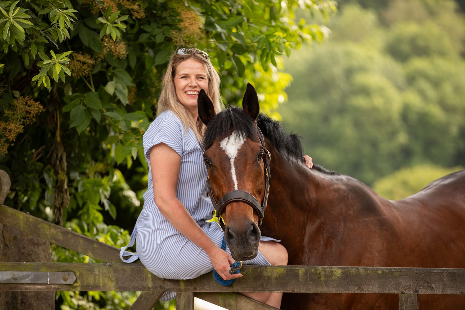 A person leads a palomino horse along a sunlit forest trail surrounded by tall evergreen trees.
