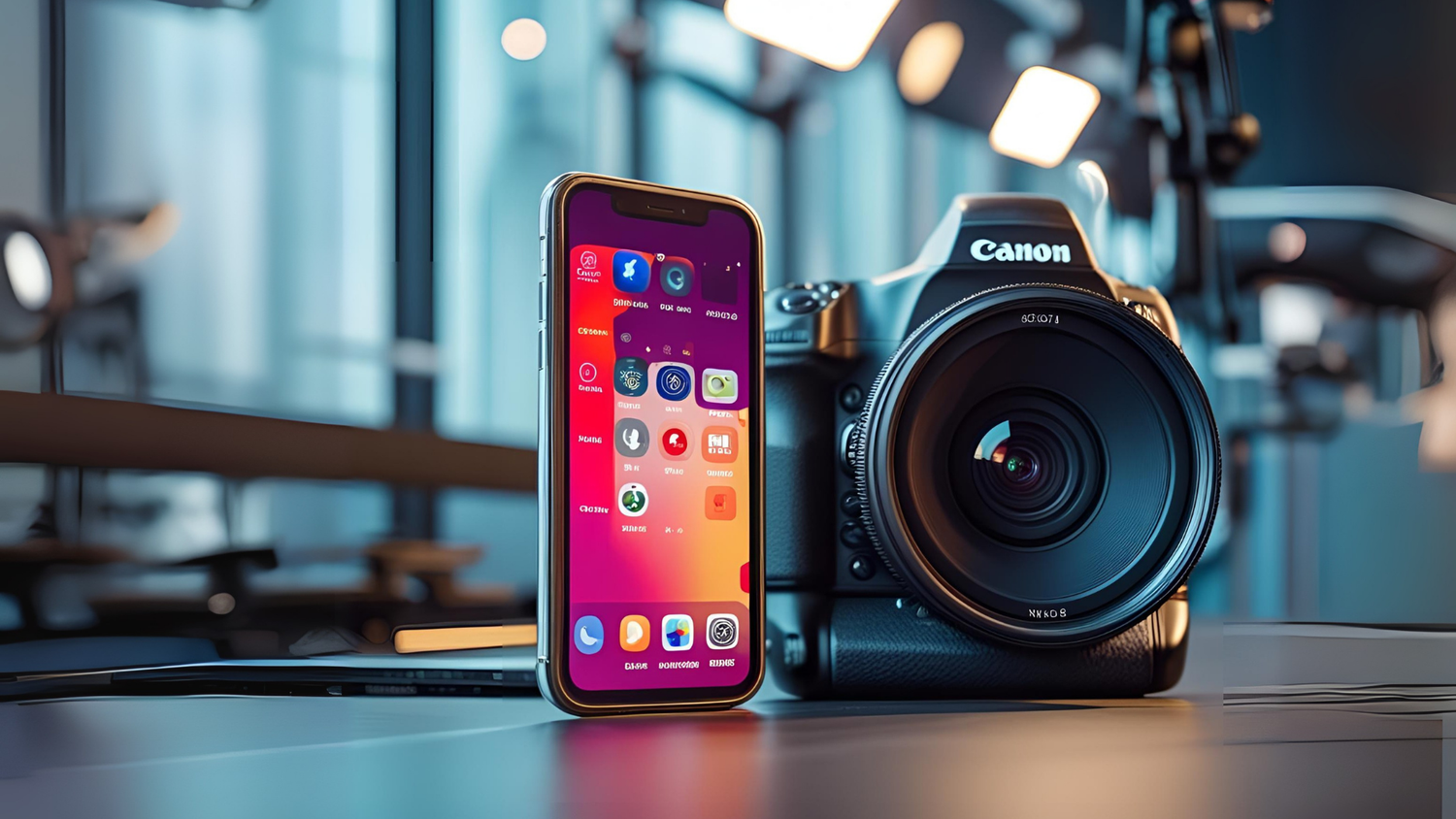 Canon DSLR camera with lens sits next to iPhone displaying social media apps on dark table in blue-tinted setting.