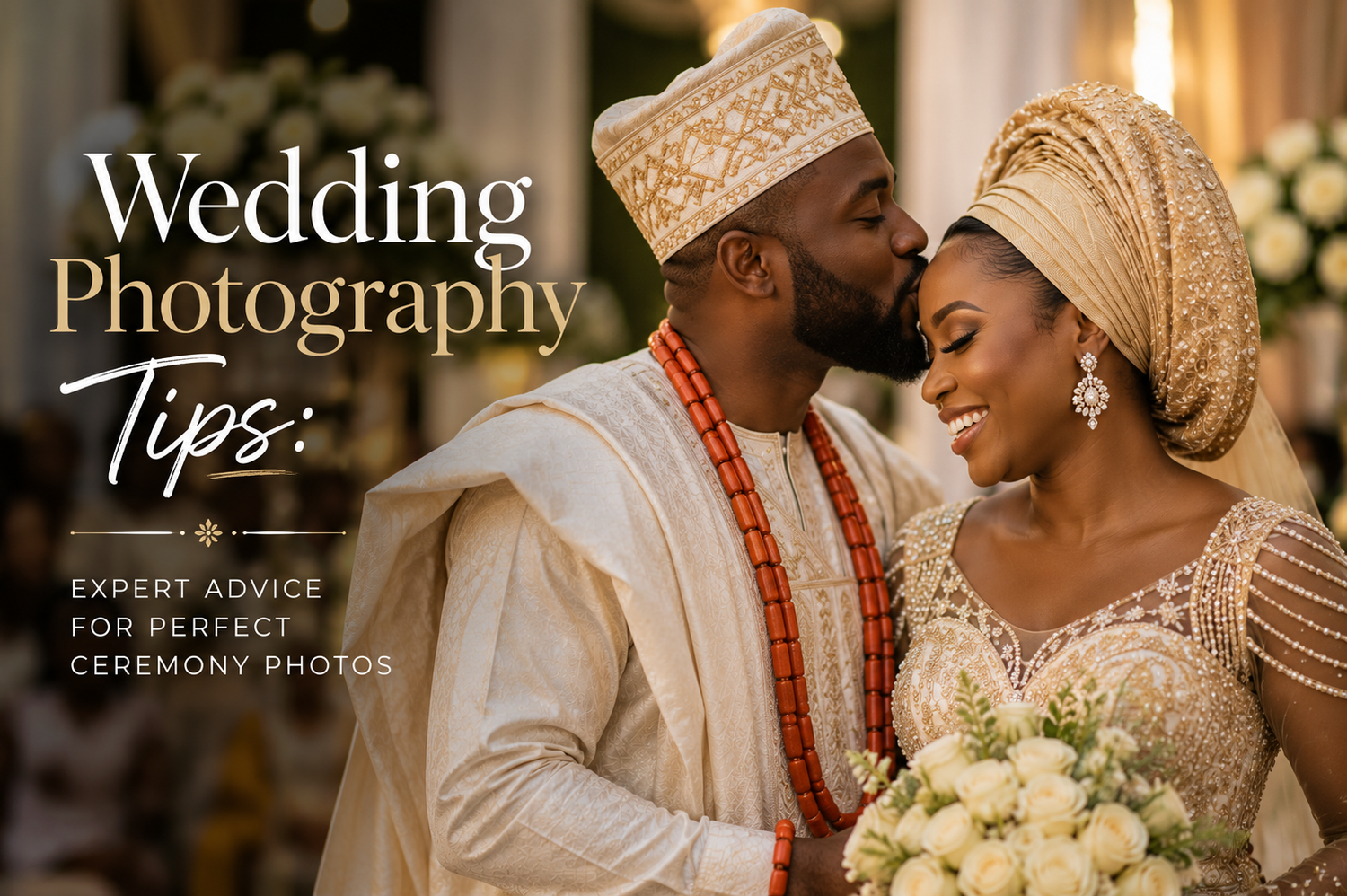 A Nigerian couple in traditional wedding attire share a tender moment, featured in a wedding photography tips guide.