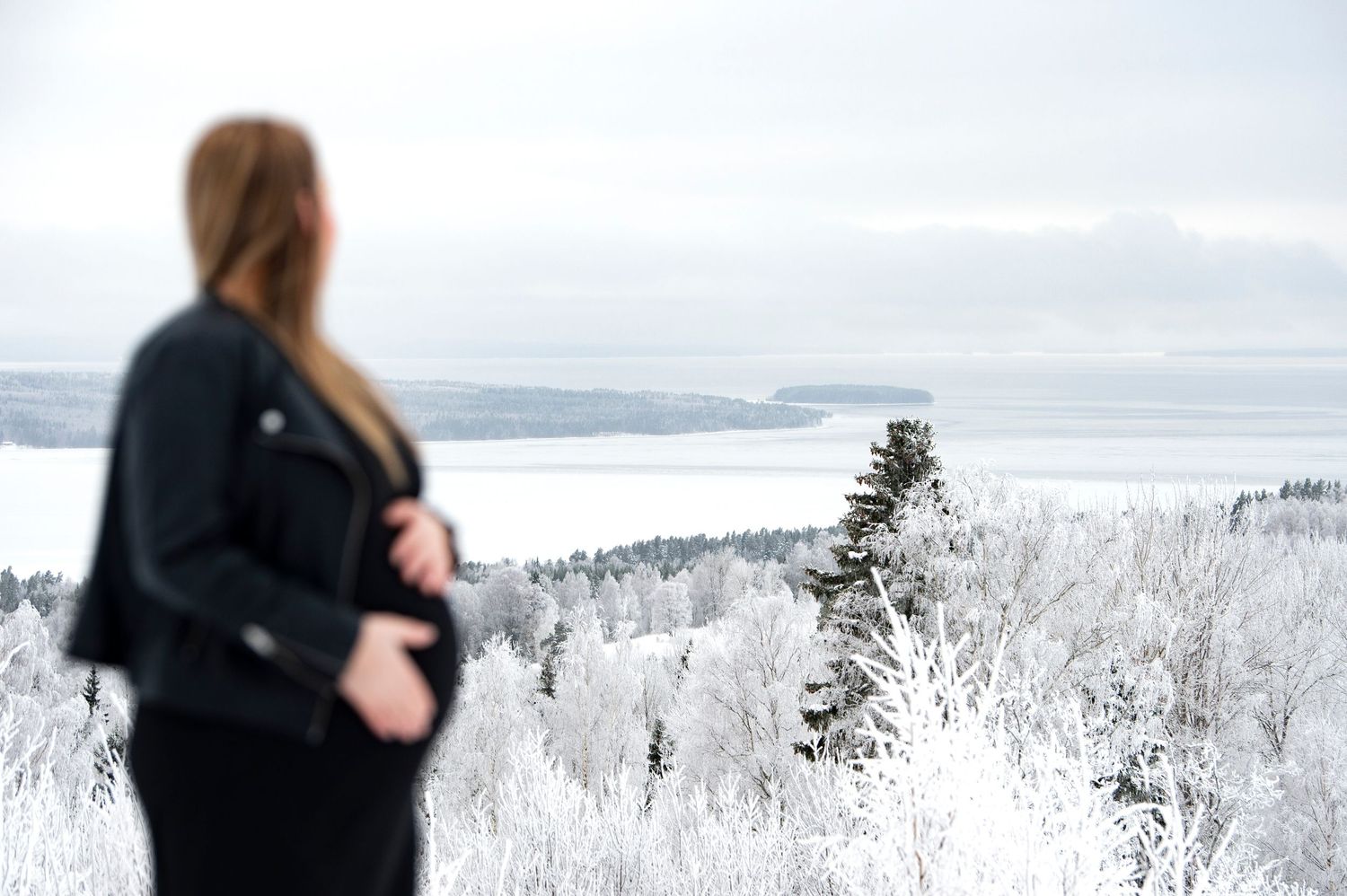 A silhouetted figure stands against a snowy winter landscape with snow-covered trees and mountains in the distance.