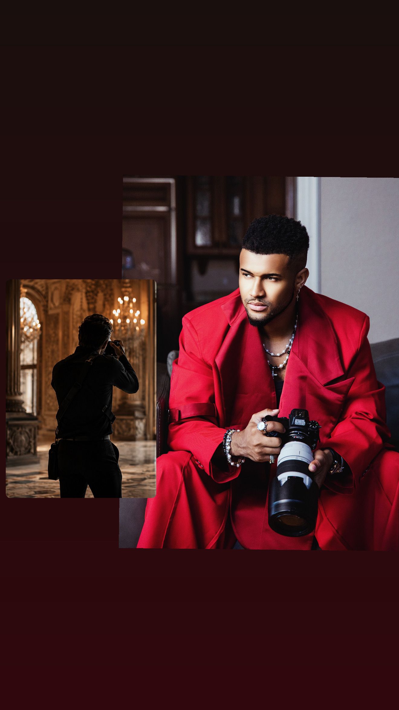 Man in red suit holding camera sits confidently, with a silhouette of photographer in ornate hall in background.