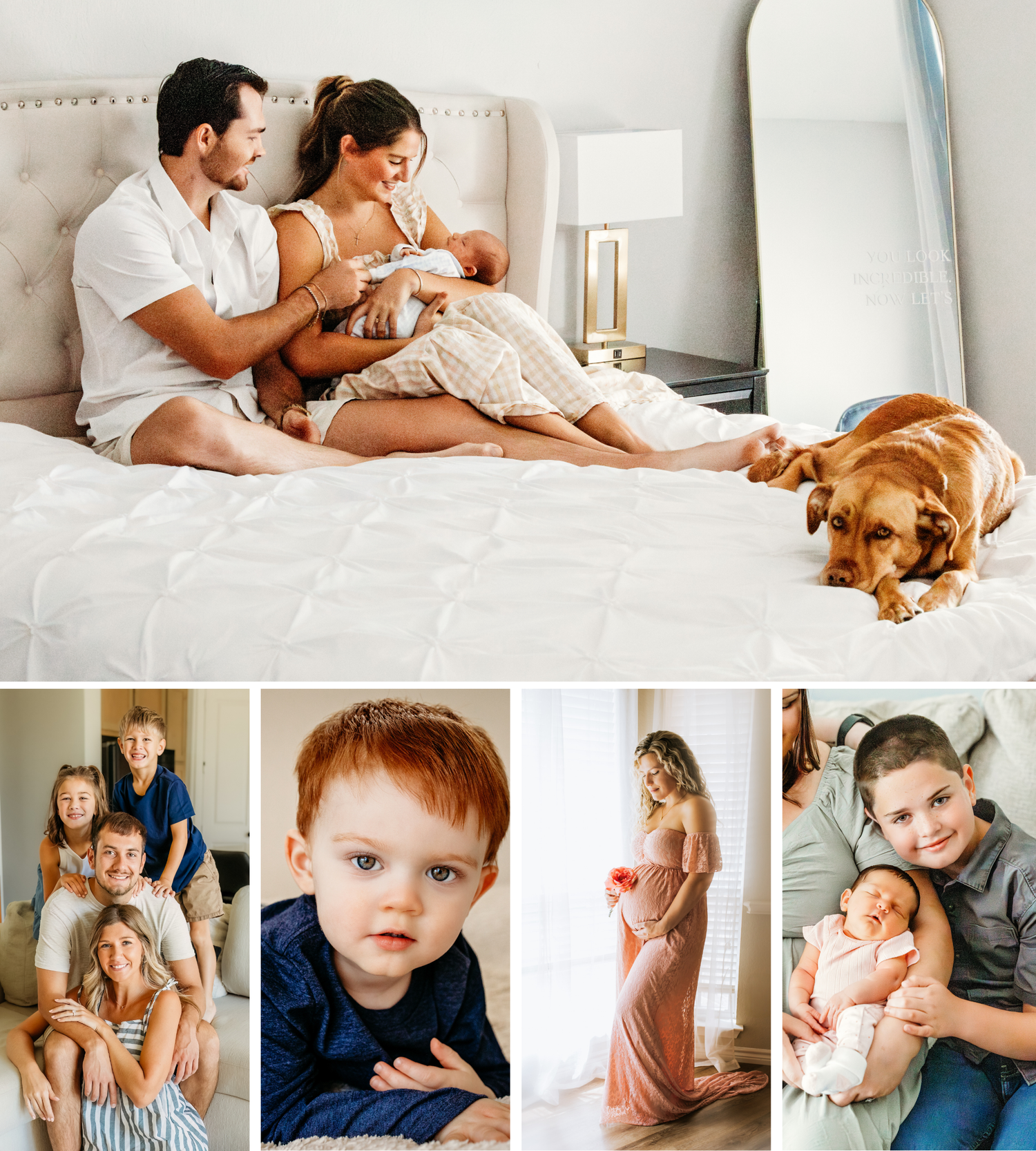 Family newborn photo collage featuring parents with baby on bed, redhead toddler portrait, maternity shoot, and dog resting nearby.