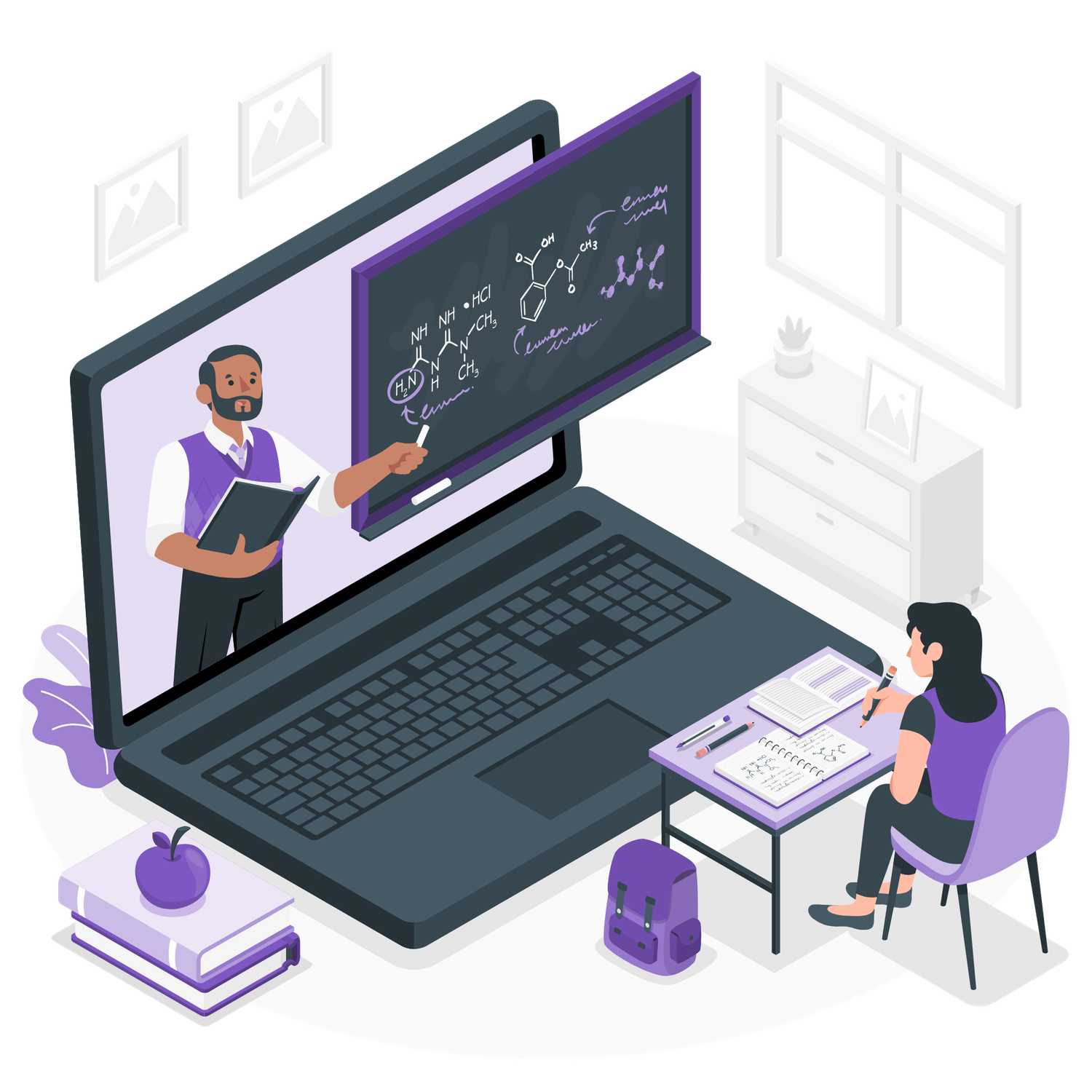 Student learning online via laptop screen with a teacher presenting at a chalkboard in virtual classroom.