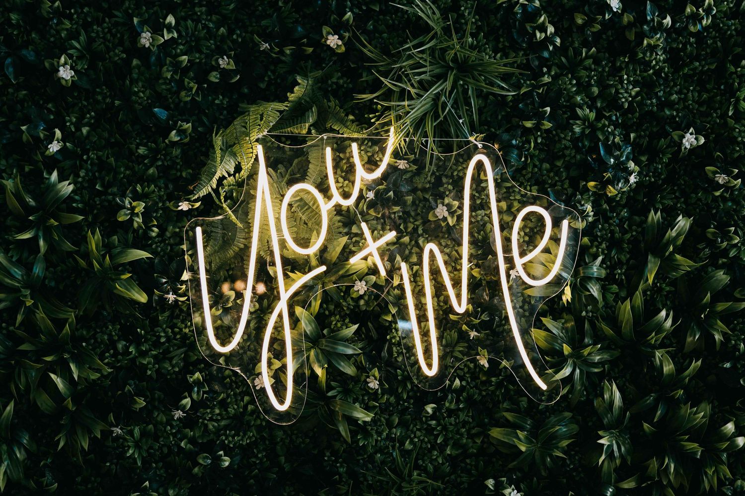 A closeup photo of a neon sign hanging in a wedding photo booth that reads "you + me".