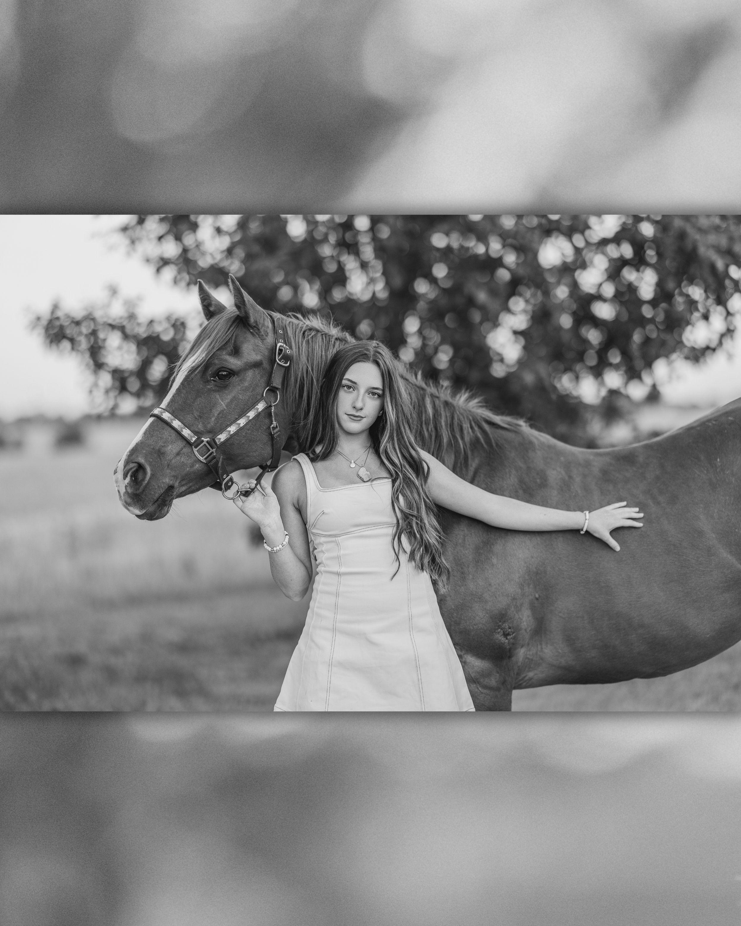 Black and white photo of a young woman in a white dress posing with a horse in a scenic outdoor field.