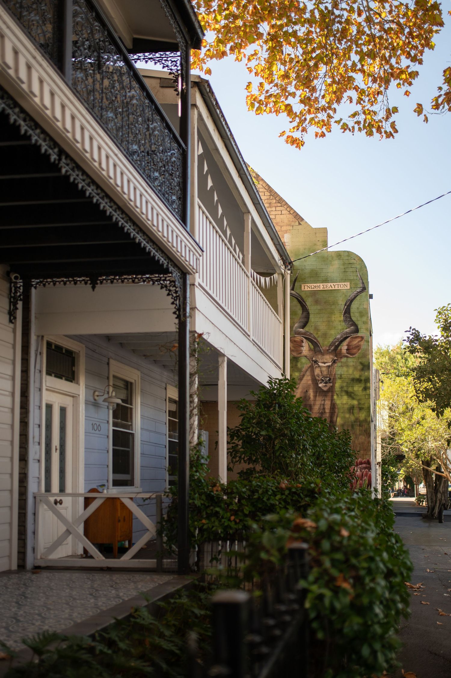 Victorian building with decorative balcony beside a silo mural featuring a kudu antelope in an Australian country town.
