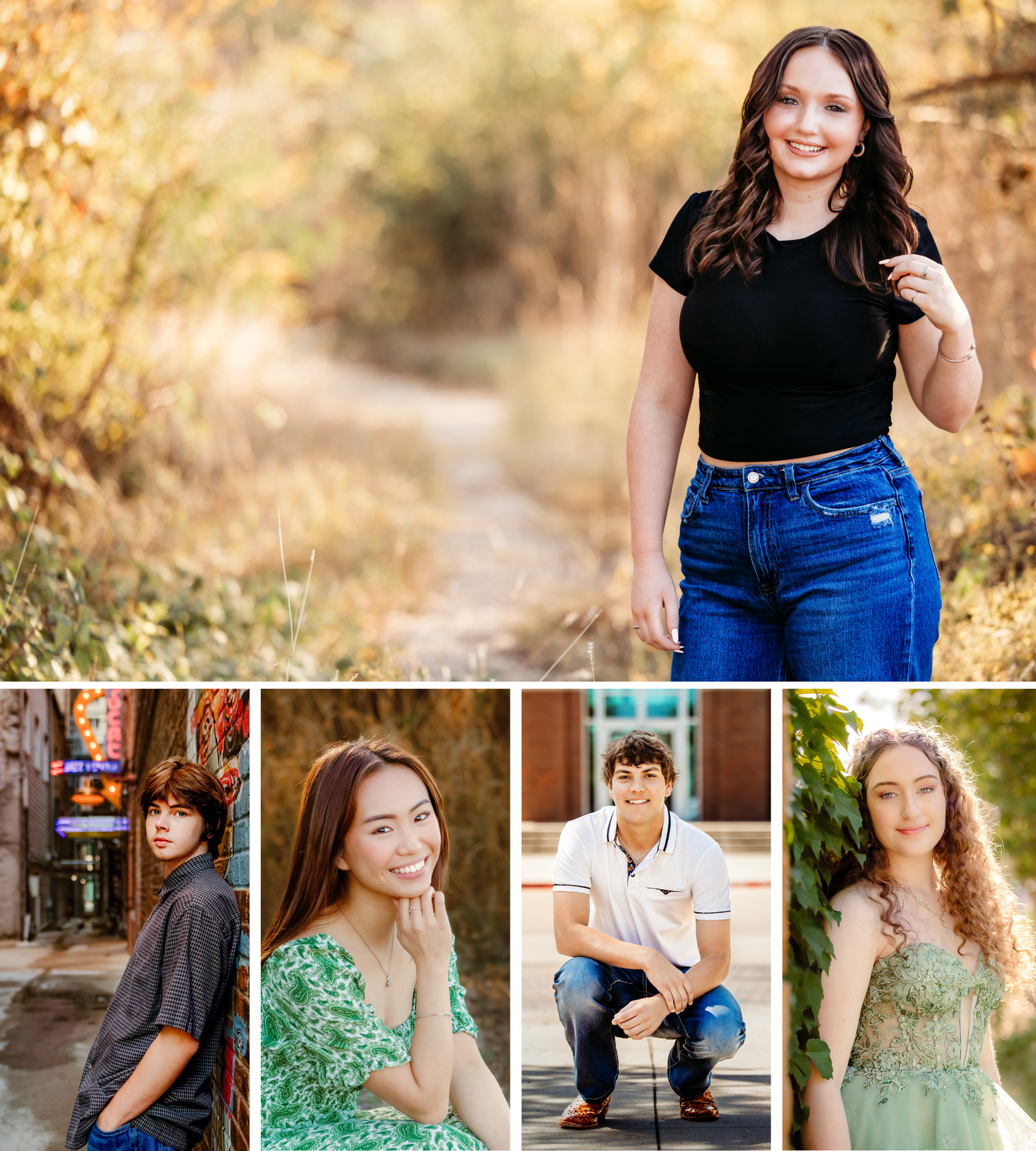 A collage of five high school seniors posing for senior portaits outdoors in casual attire around DFW