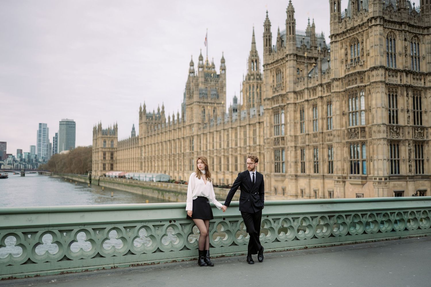 Westminster Palace and Houses of Parliament photographed from different angles along the River Thames in London.