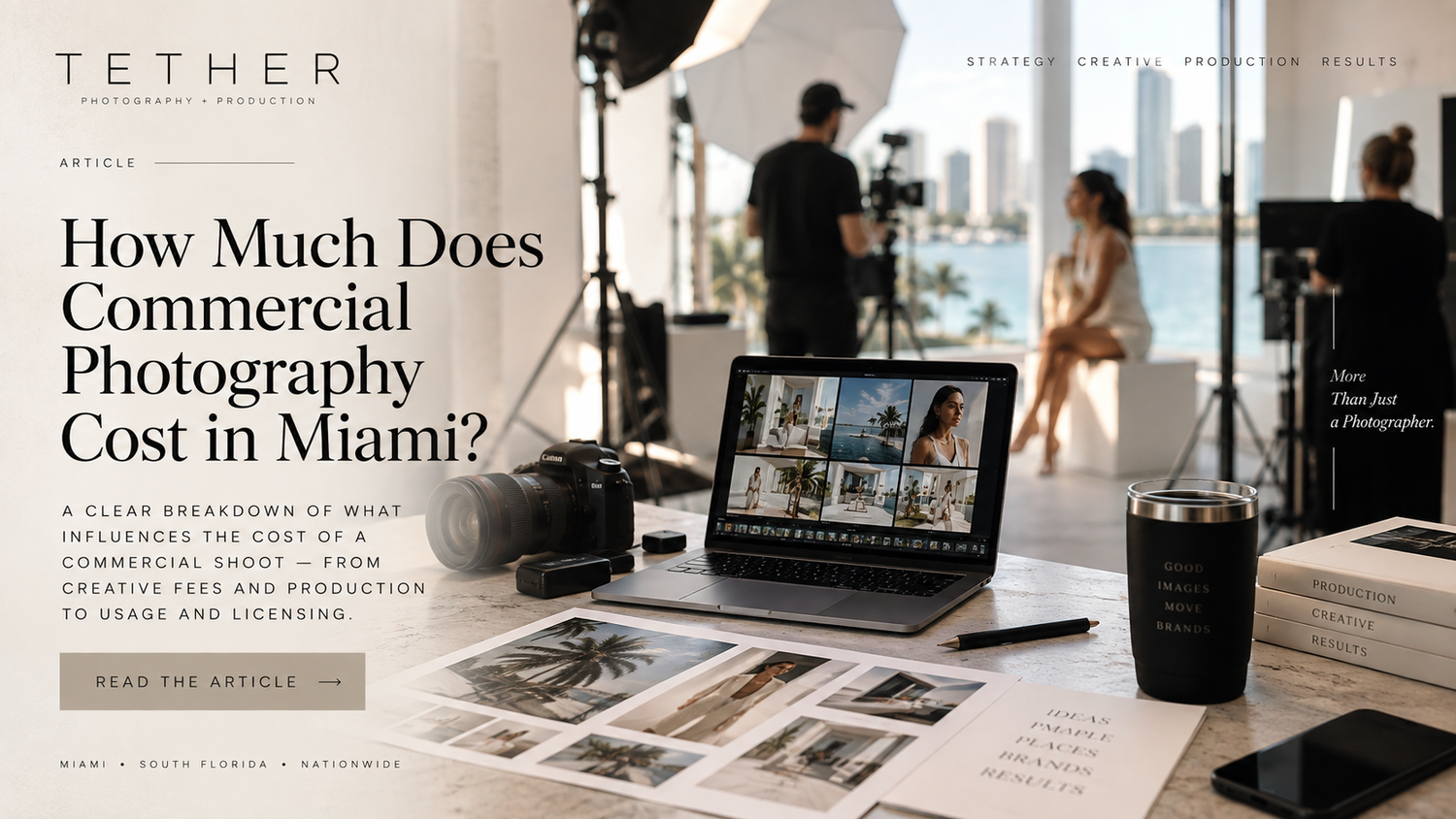 A professional photography studio setup in Miami with a laptop displaying commercial photos, camera equipment, and a bright modern workspace
