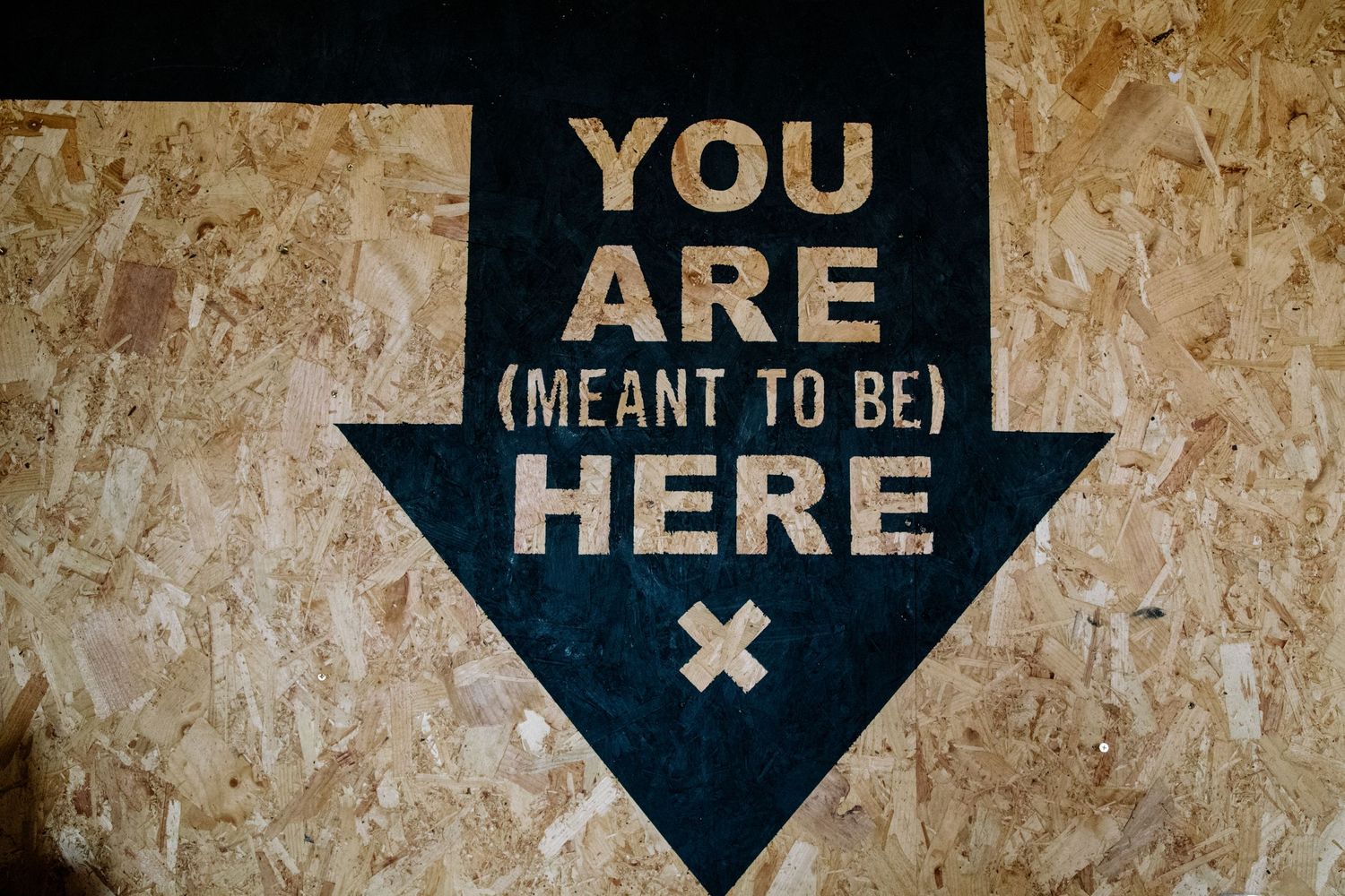 Black arrow sign with text 'YOU ARE (MEANT TO BE) HERE' on textured wall background.