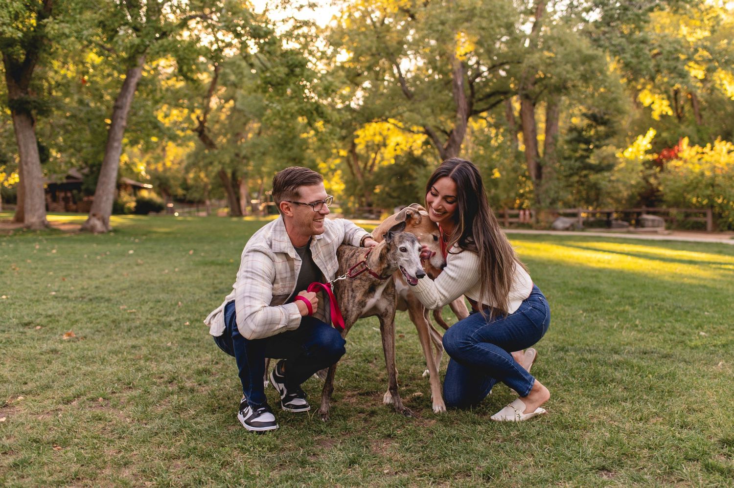 Couple plays with their brown dog in a sunlit park during golden hour.