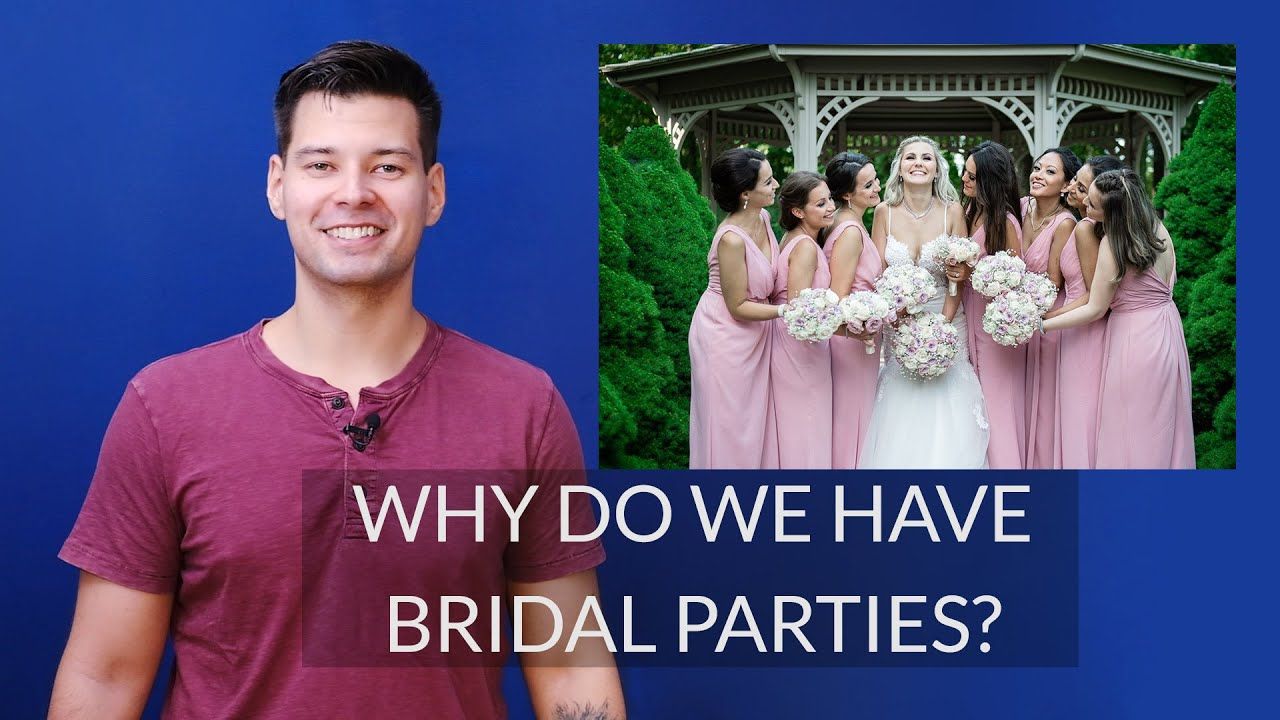 A presentation slide titled 'Why do we have bridal parties?' with a pink wedding photo and speaker against blue backdrop.
