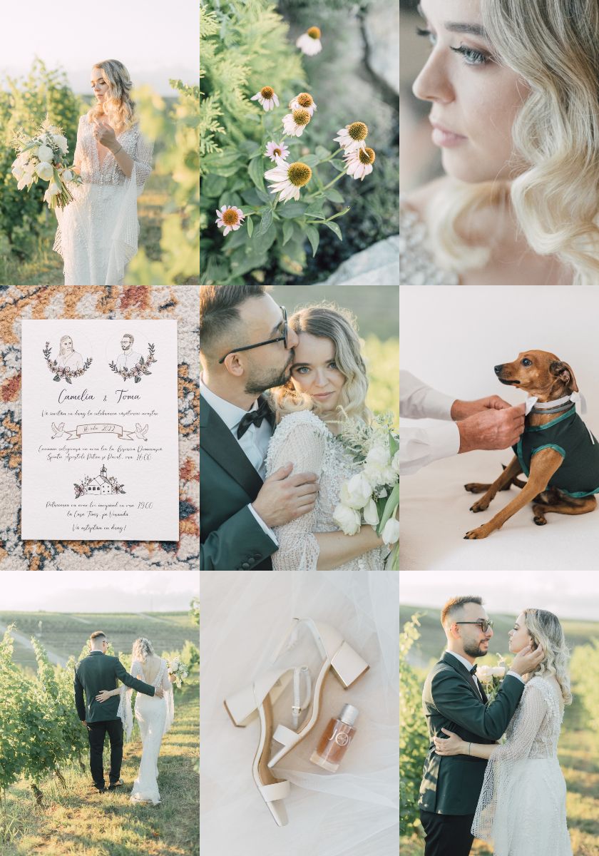 Wedding detail collage featuring floral arrangements, invitations, and candid moments.