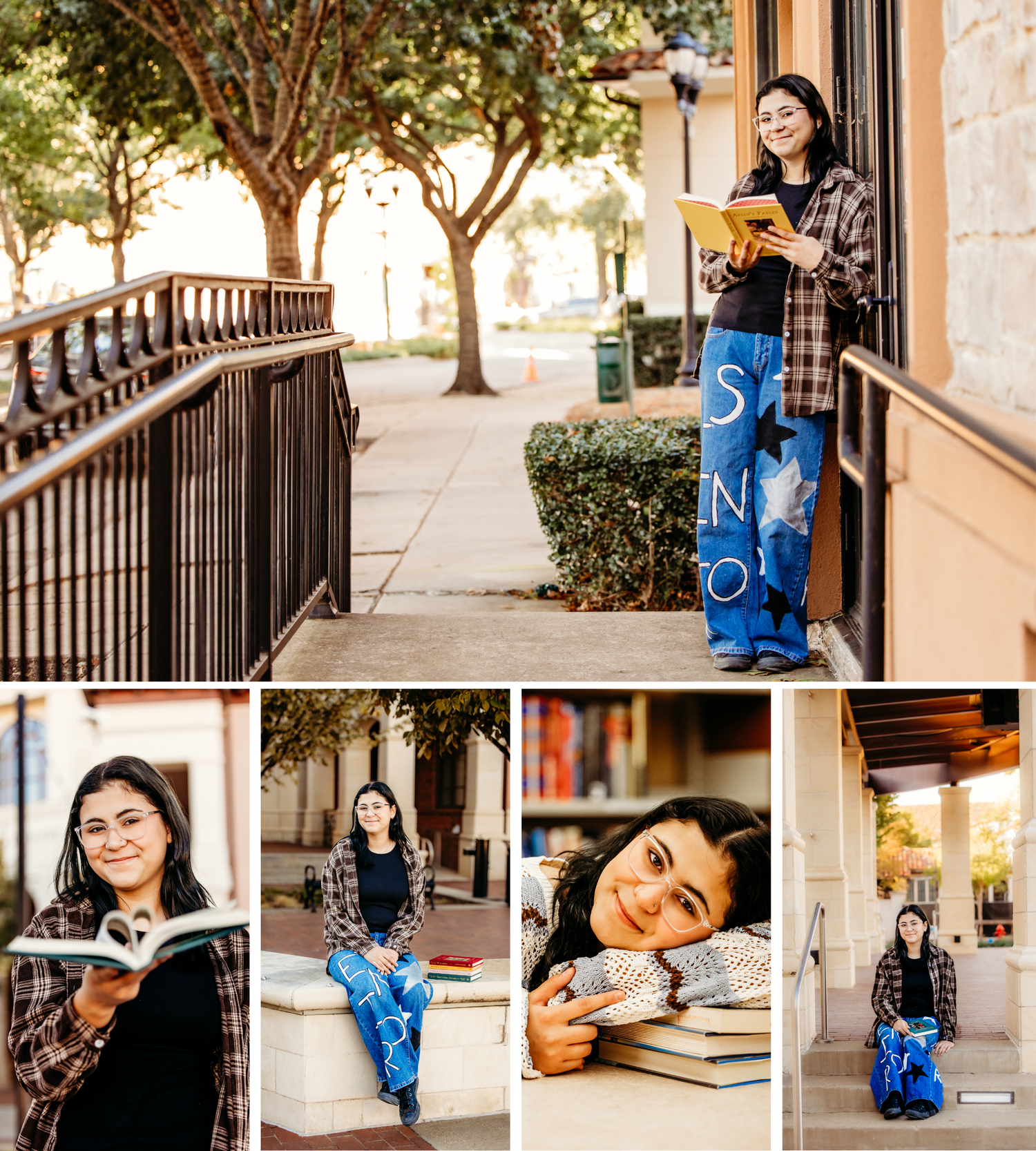 A student poses with textbooks and study materials on a university campus walkway with trees in the background.