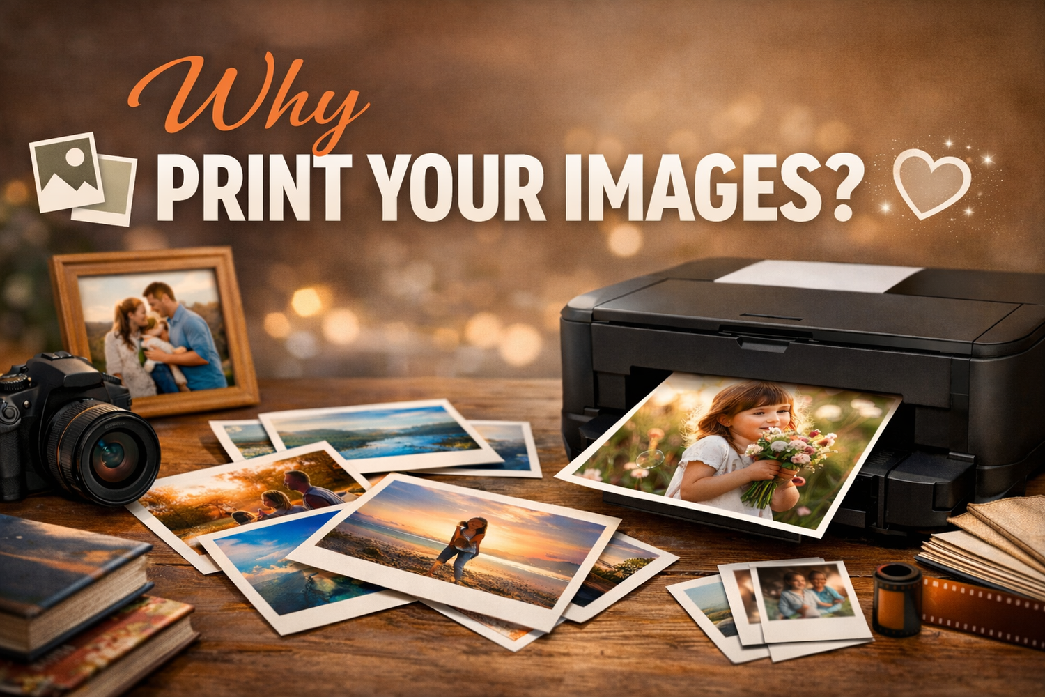 Warm-toned photo collage showing printed photographs scattered on a wooden table with soft bokeh lighting effects.