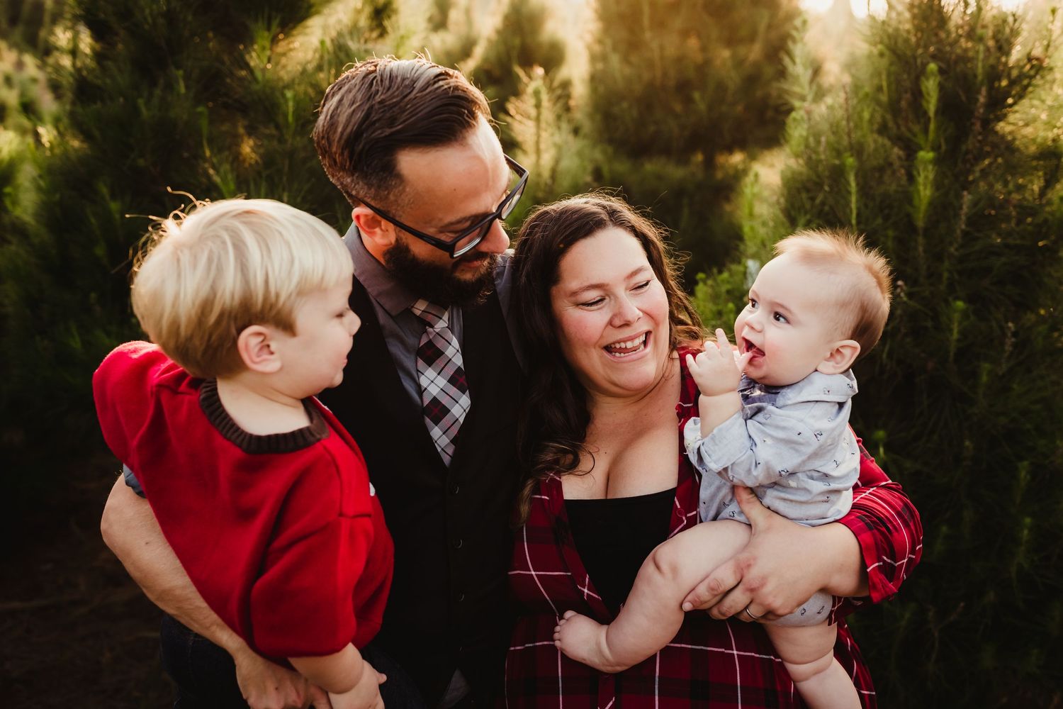 A collection of candid outdoor family portraits showing joyful interactions and loving moments during a photo session.