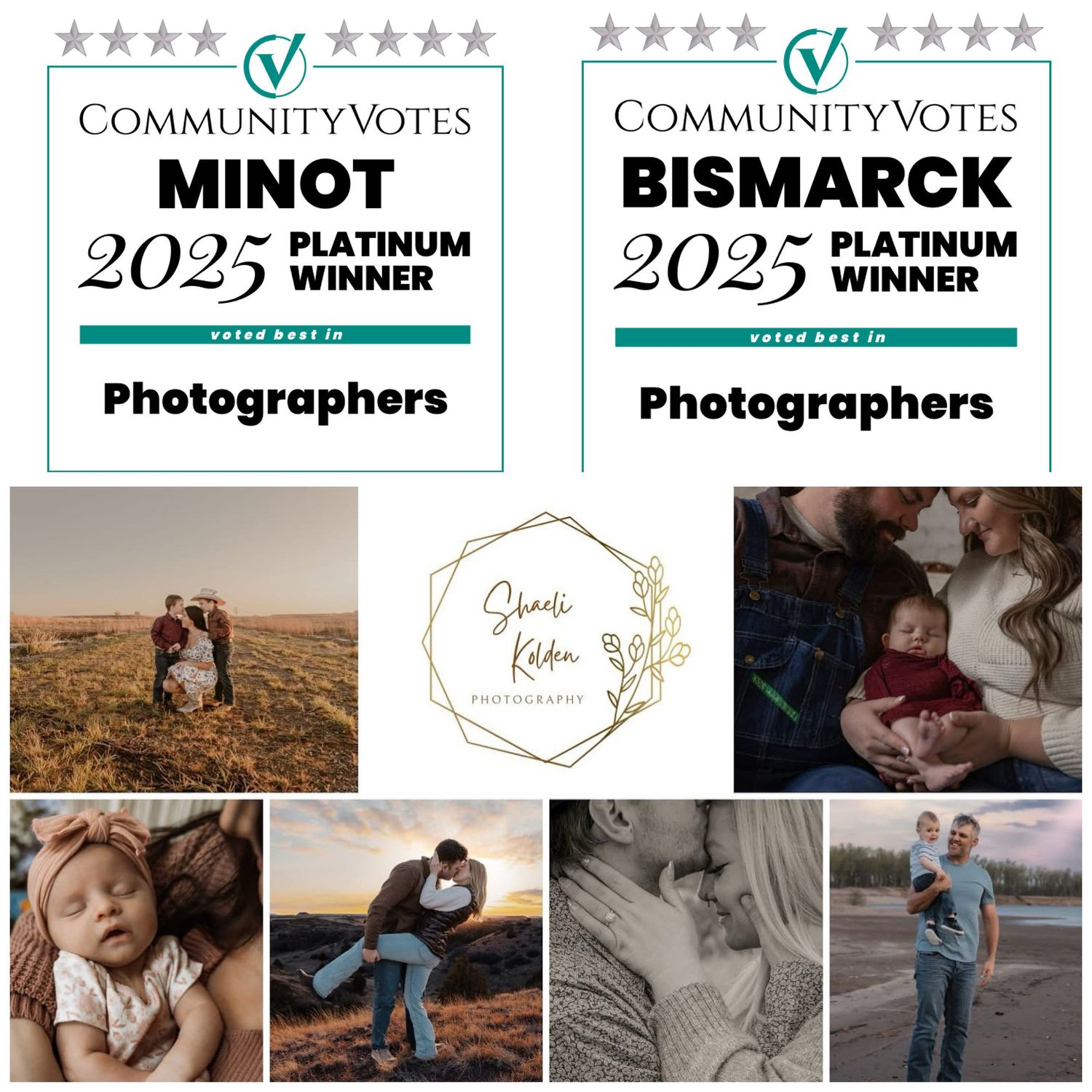 Professional photographer logos and accolades showcasing platinum and community awards with preview portfolio images. Garrison Bismarck, ND