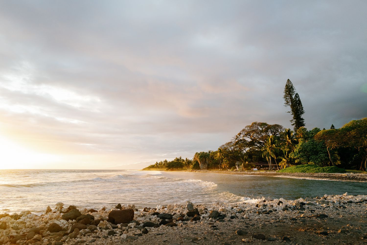 Scenic tropical beach with rocky shoreline and palm trees at sunset under cloudy sky in Hawaii.