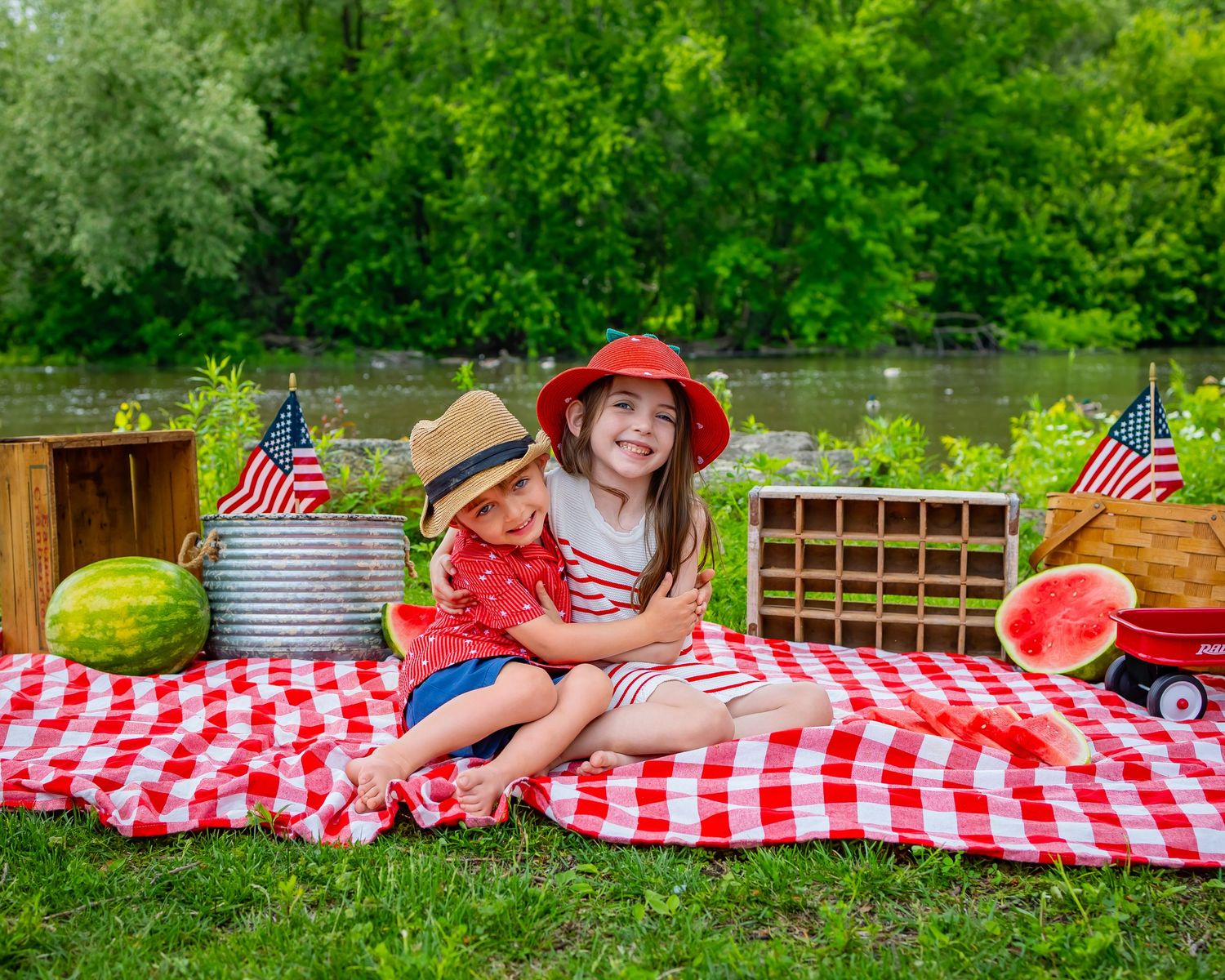 A series of summer picnic scene photos with patriotic decorations, red checkered tablecloth, and fresh watermelon slices.
