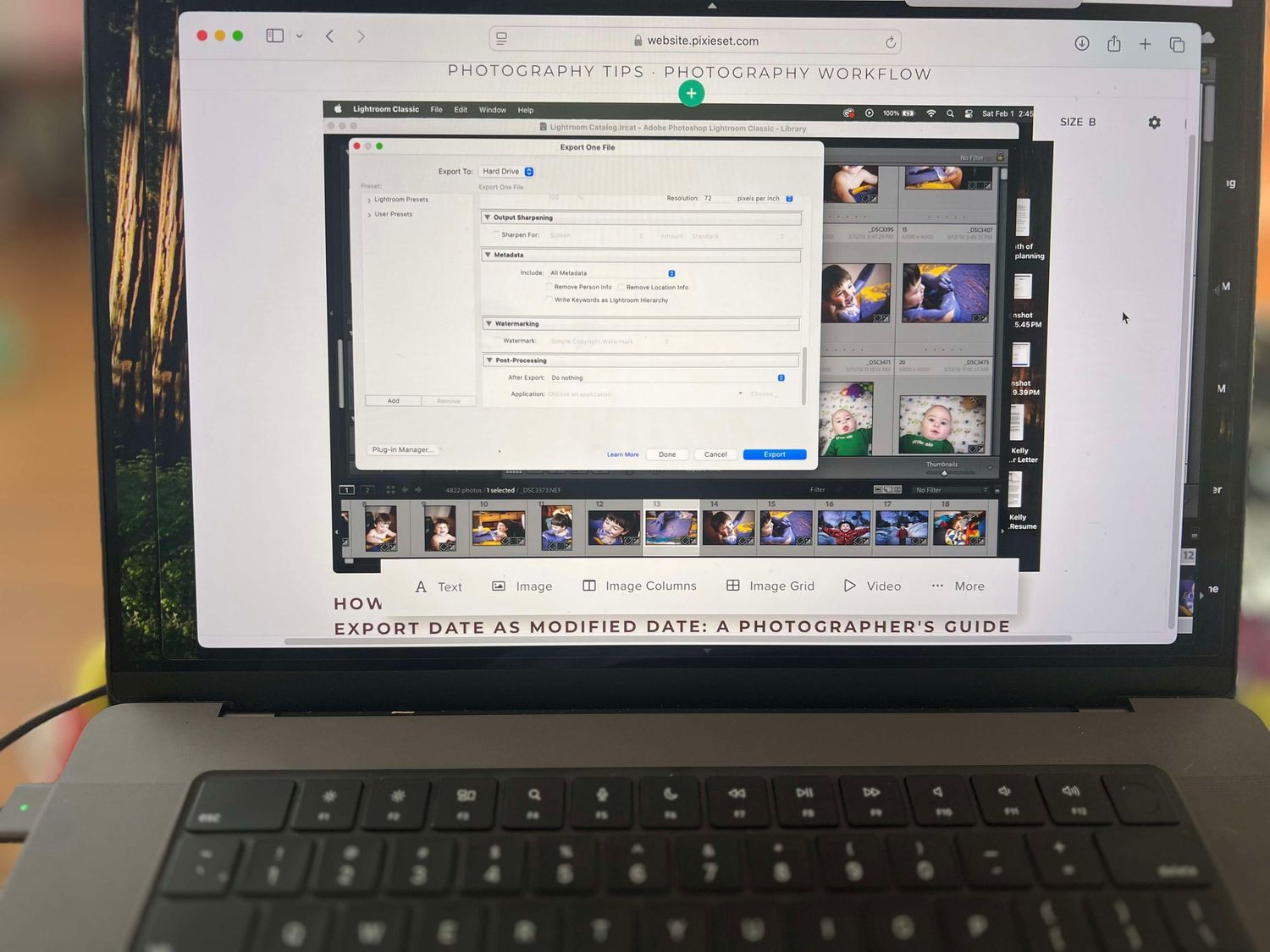 Laptop screen displaying a photo management interface with thumbnails and editing options in a desktop window.
