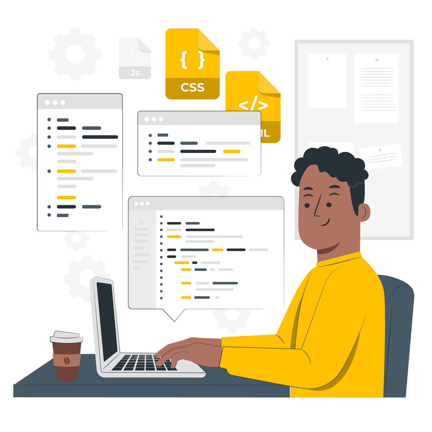 Web developer in yellow working on CSS and HTML code files on a laptop with coffee nearby.