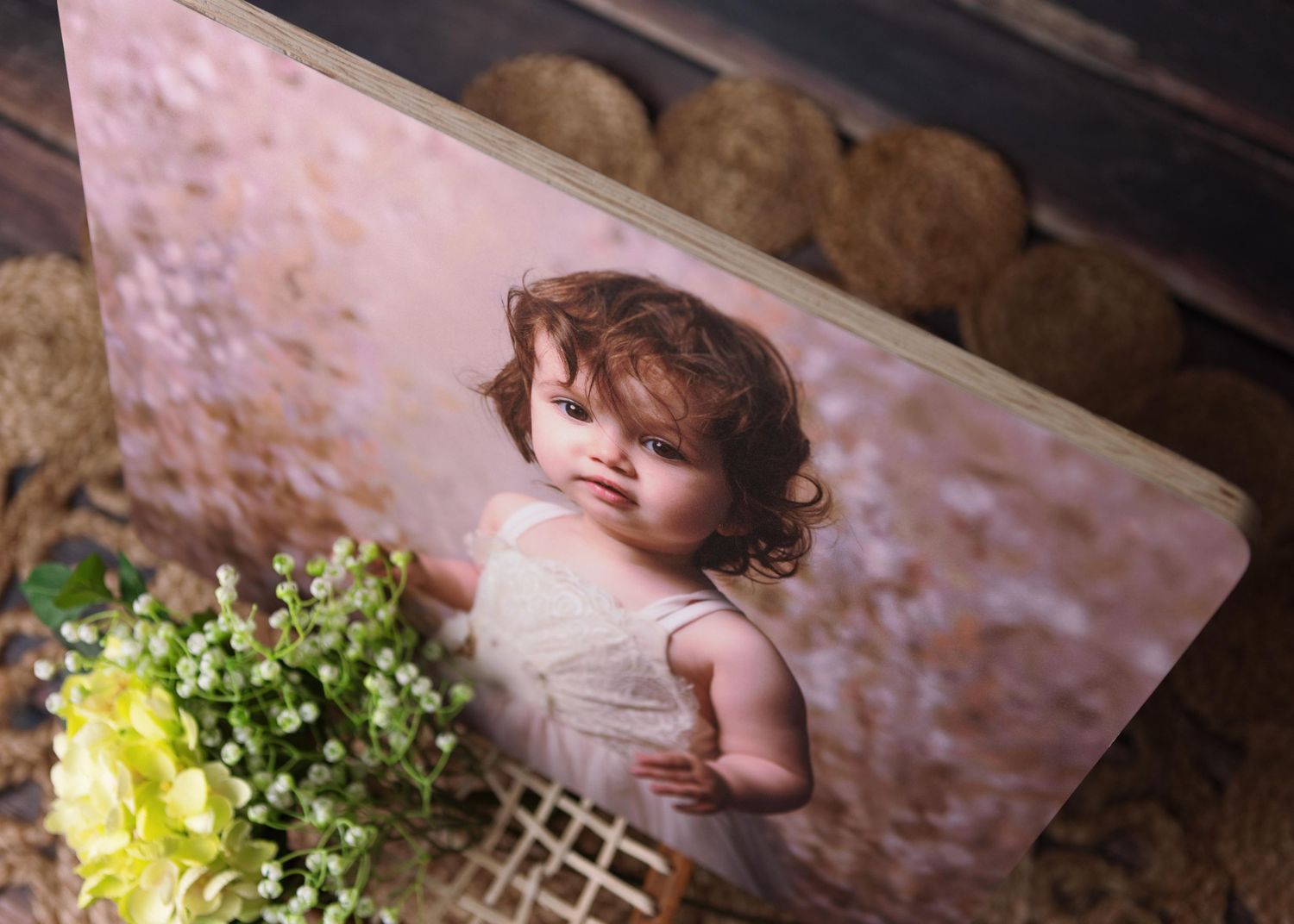 Photo displayed alongside fresh flowers and burlap showing soft dreamy mood in muted pink tones.