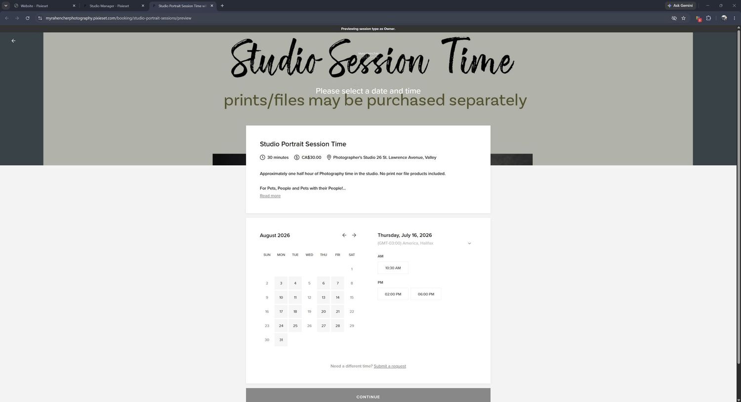 Image of the Studio Session Time booking page offering portrait prints and files for purchase, featuring a calendar scheduling interface.