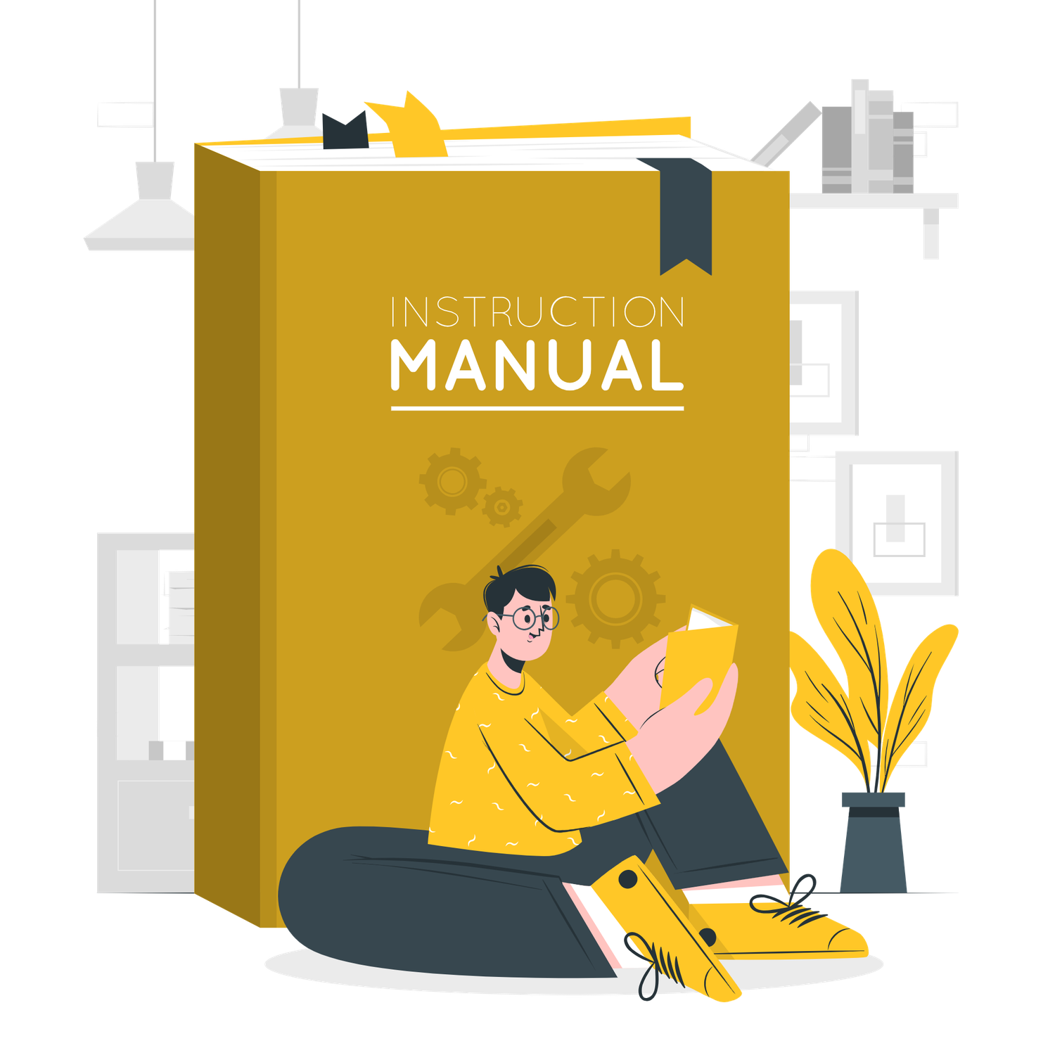 Person reading an instruction manual book with tools icons, flat design illustration for technical documentation.