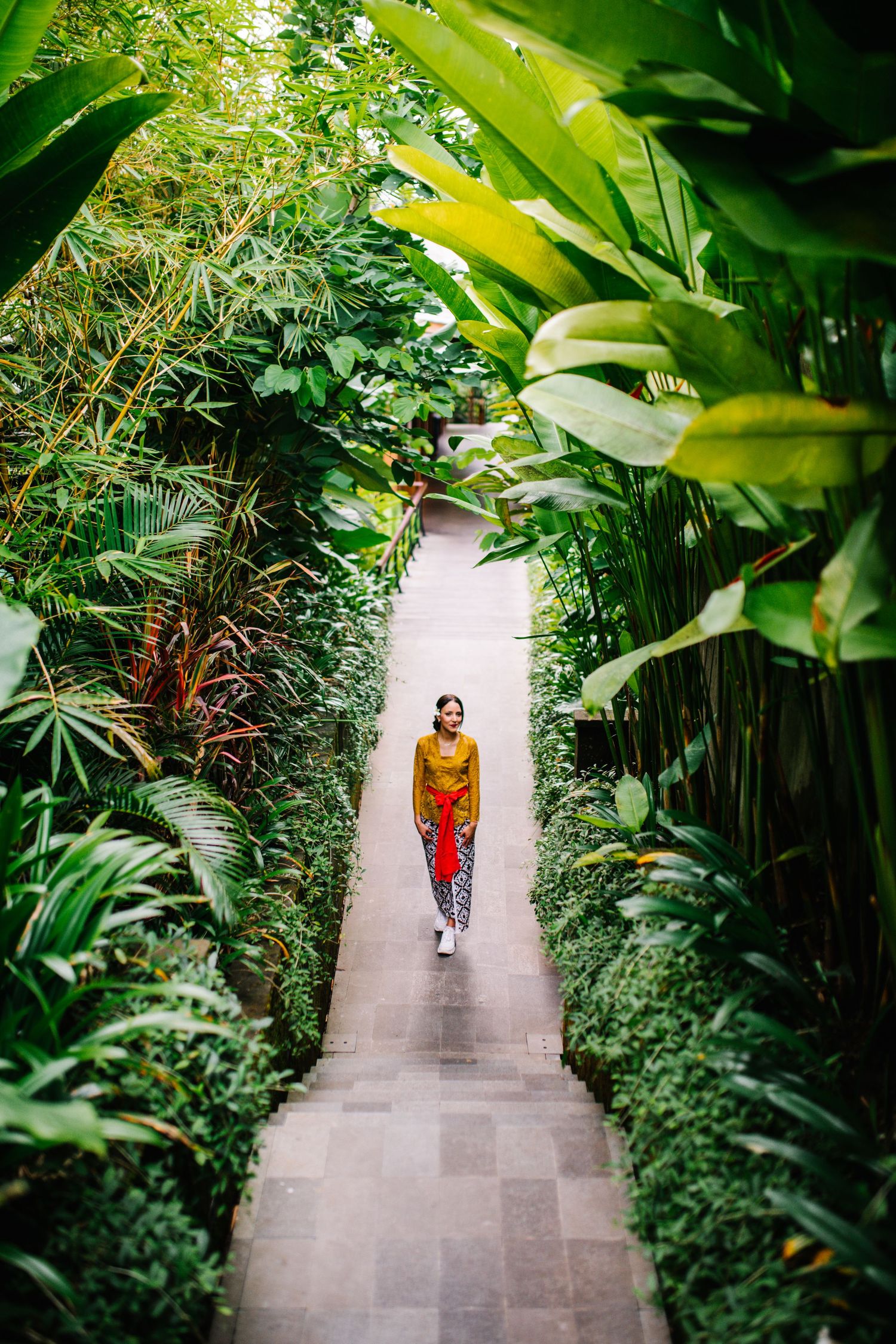 Serene swimming pool scene surrounded by tropical greenery and natural lighting.