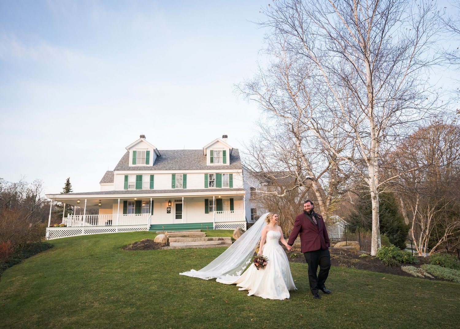 A series of romantic wedding photos showing couples in elegant attire against dramatic sunset skies and natural landscapes.