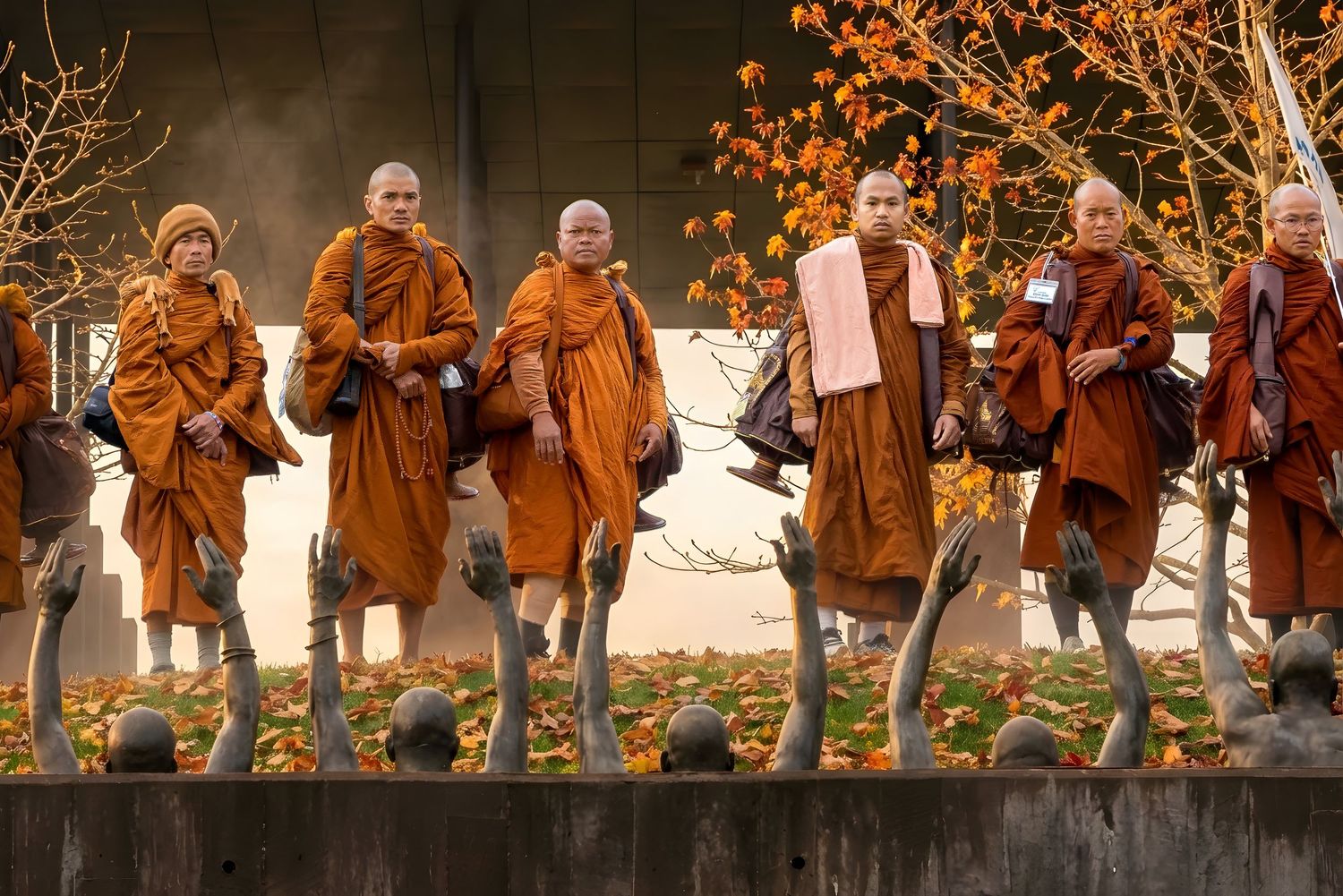 A group of Buddhist monks in saffron robes walk in a line along a path during an autumn day.
