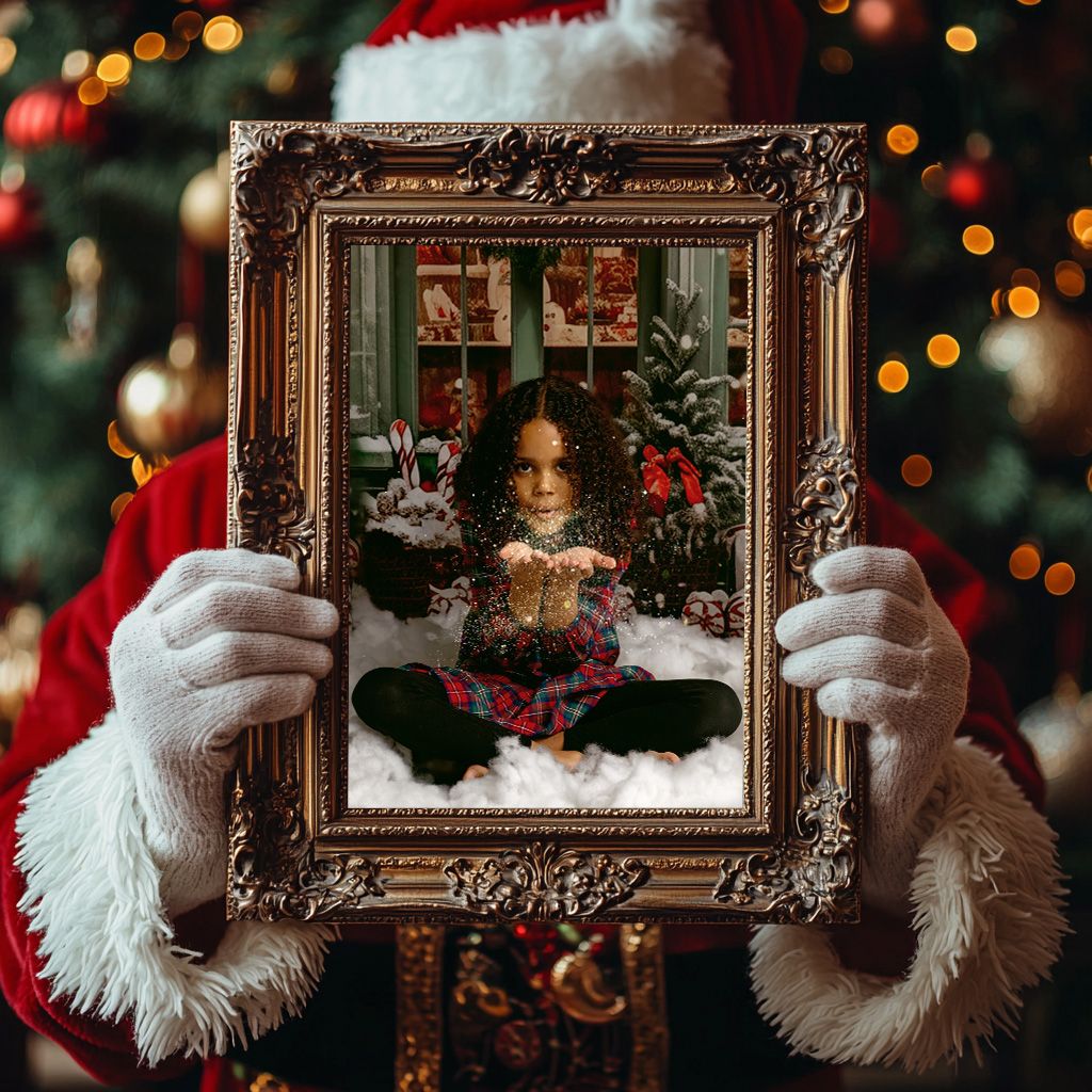 Christmas image of a little girl blowing magic Christmas dust in a frame held by Santas hands