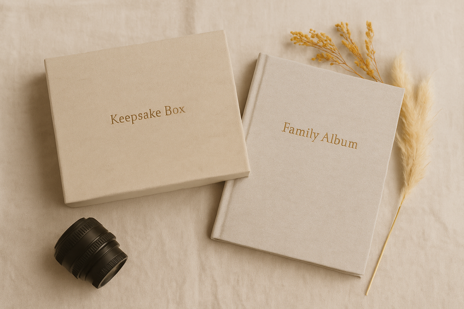 Flatlay of family photo albums and baby keepsake box, captured by Yellow Blossom Photography — preserving family memories with Haverhill fam