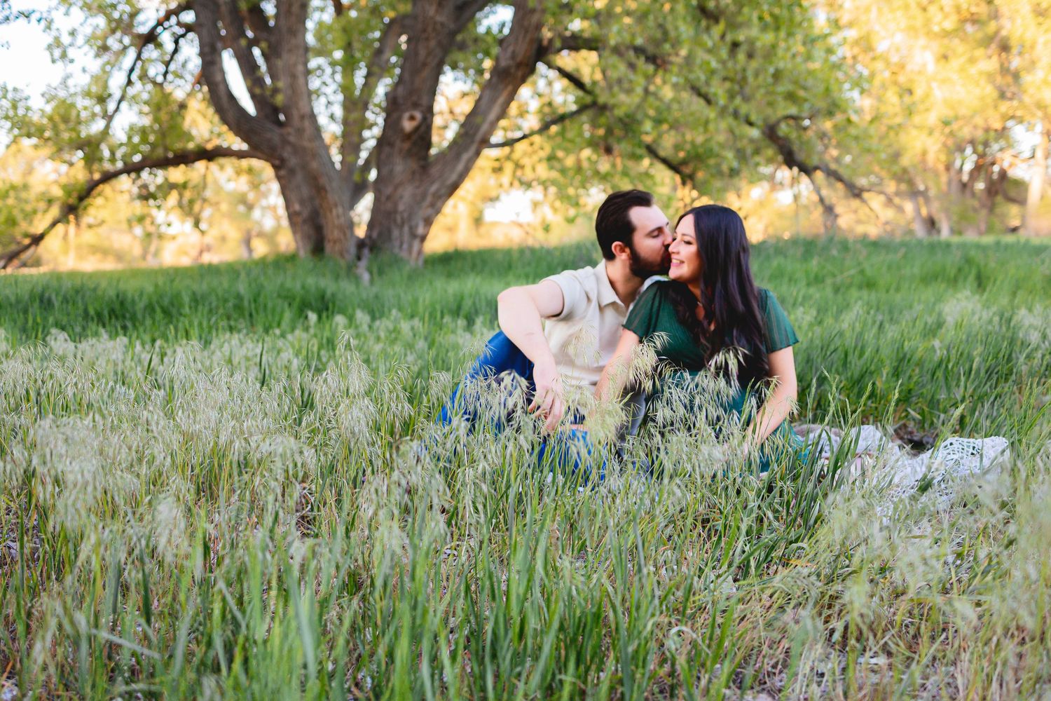 A couple sit in a grassy meadow, man is kissing womans cheek.  She is smiling