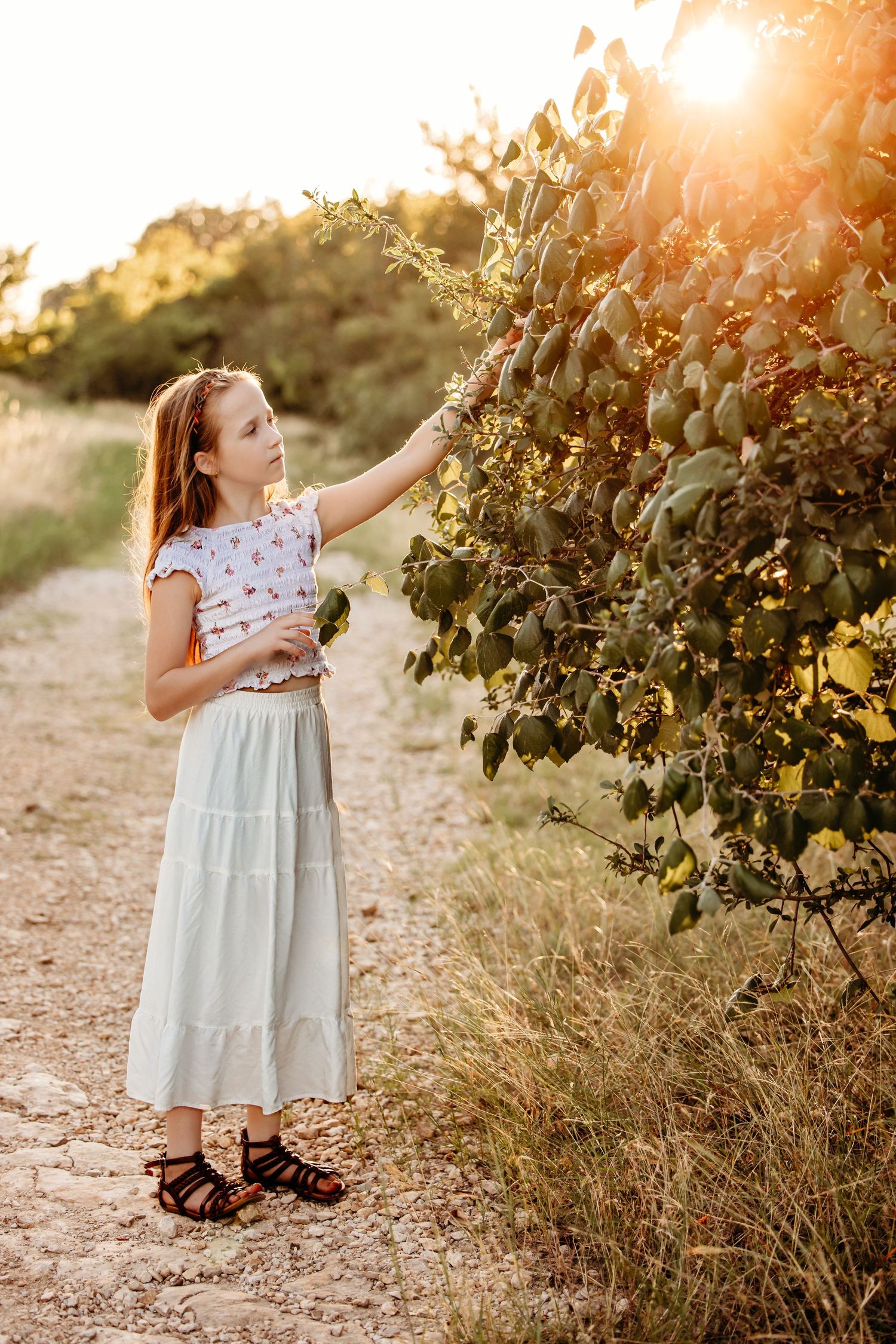 Girl in white skirt reaching up to touch leaves on a tree along a sunlit dirt path at golden hour at Fort Worth photo session.