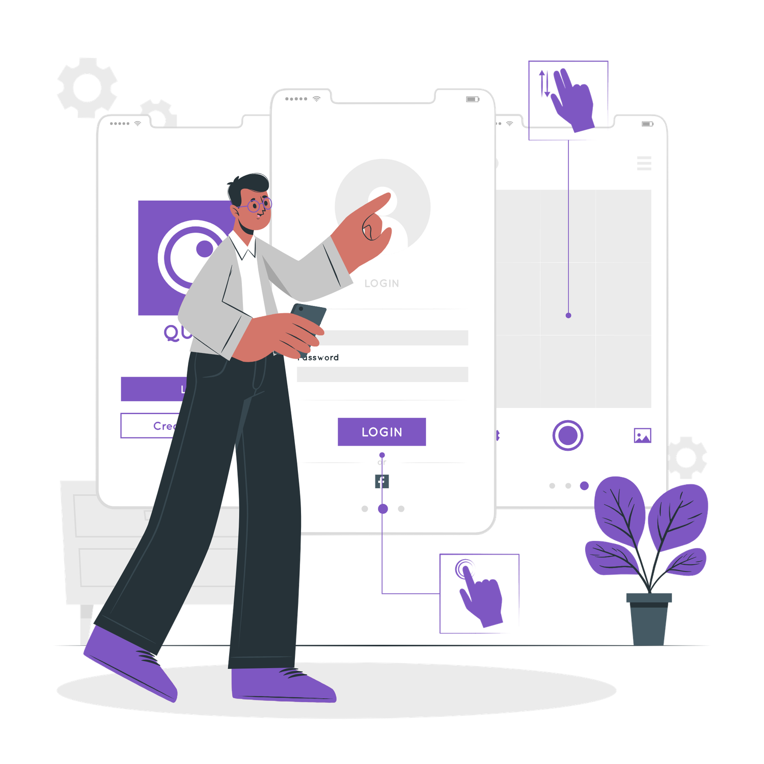 Illustration of a man interacting with a mobile app login screen UI, featuring purple accents and touch gesture icons.