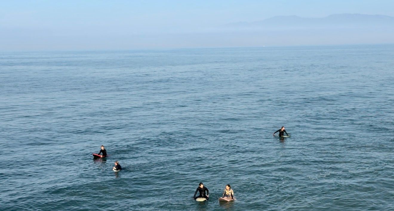 Several people swimming in the vast blue ocean waters on a misty day.