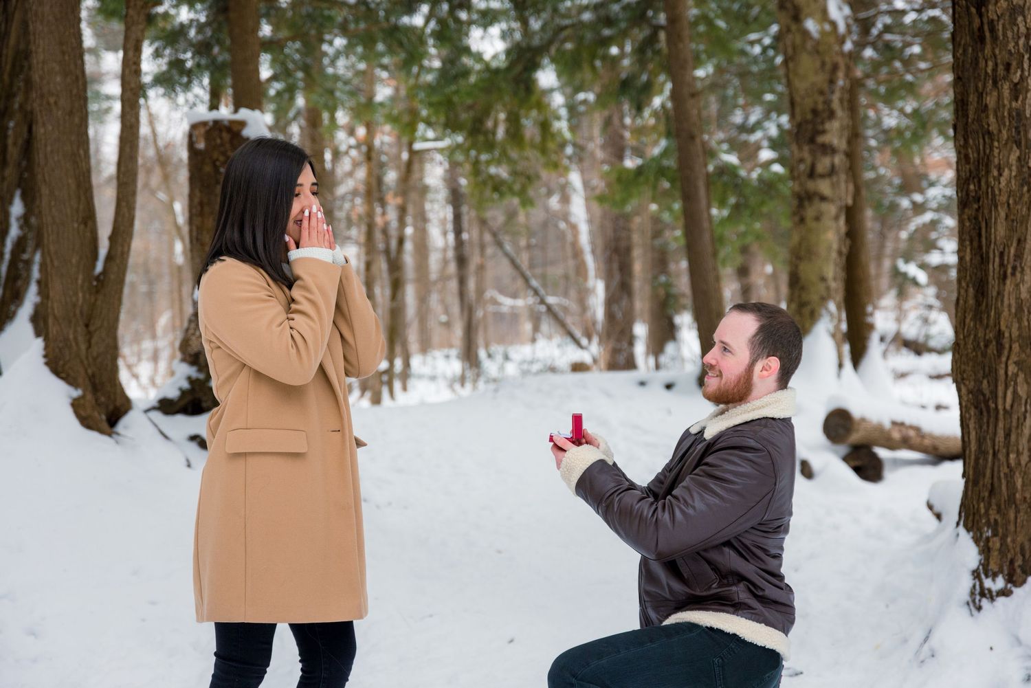 A surprise winter marriage proposal takes place in a snowy forest with person kneeling in front of partner.