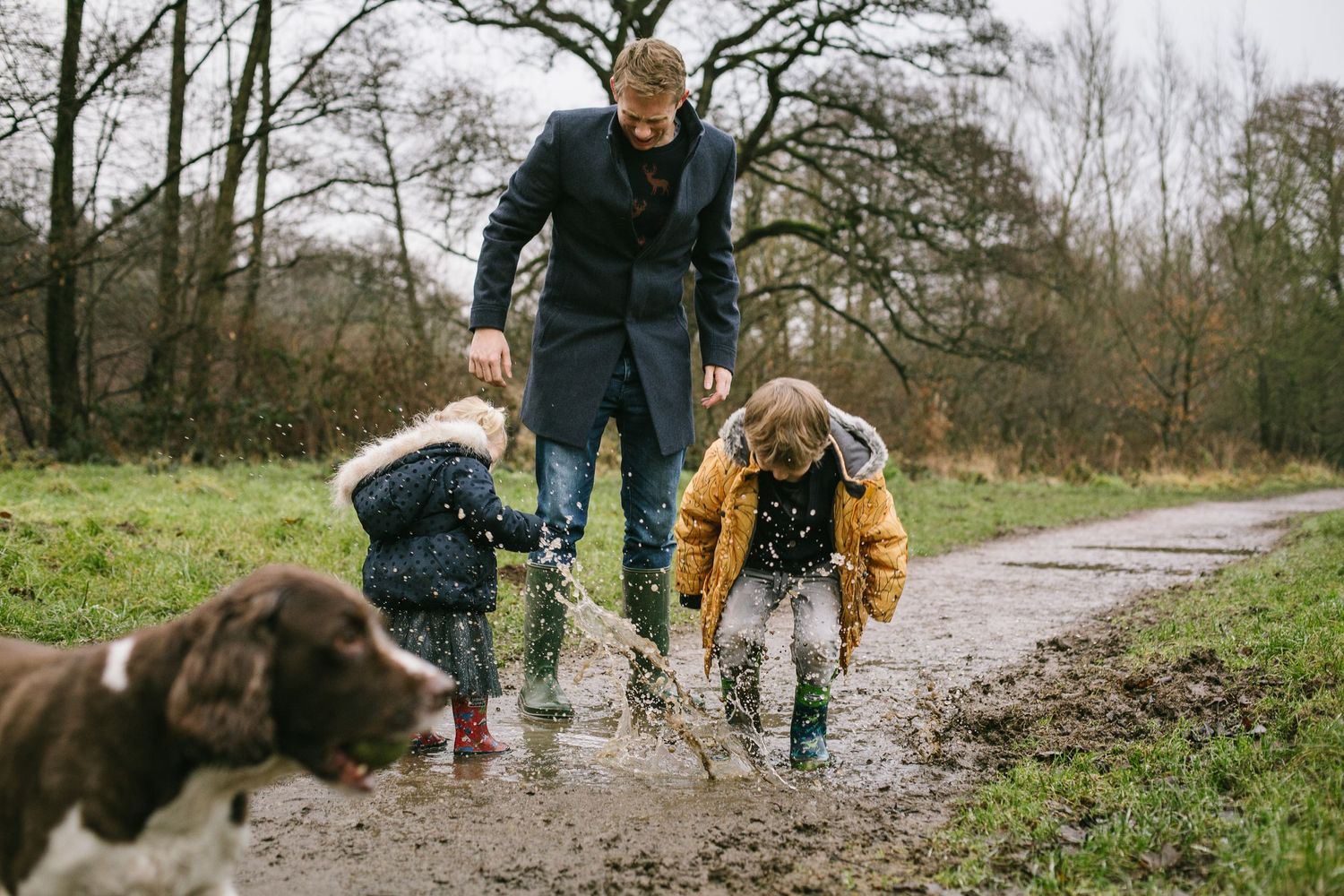 Family and dog splashing in puddles while walking together on muddy trail through wooded park on cloudy day.