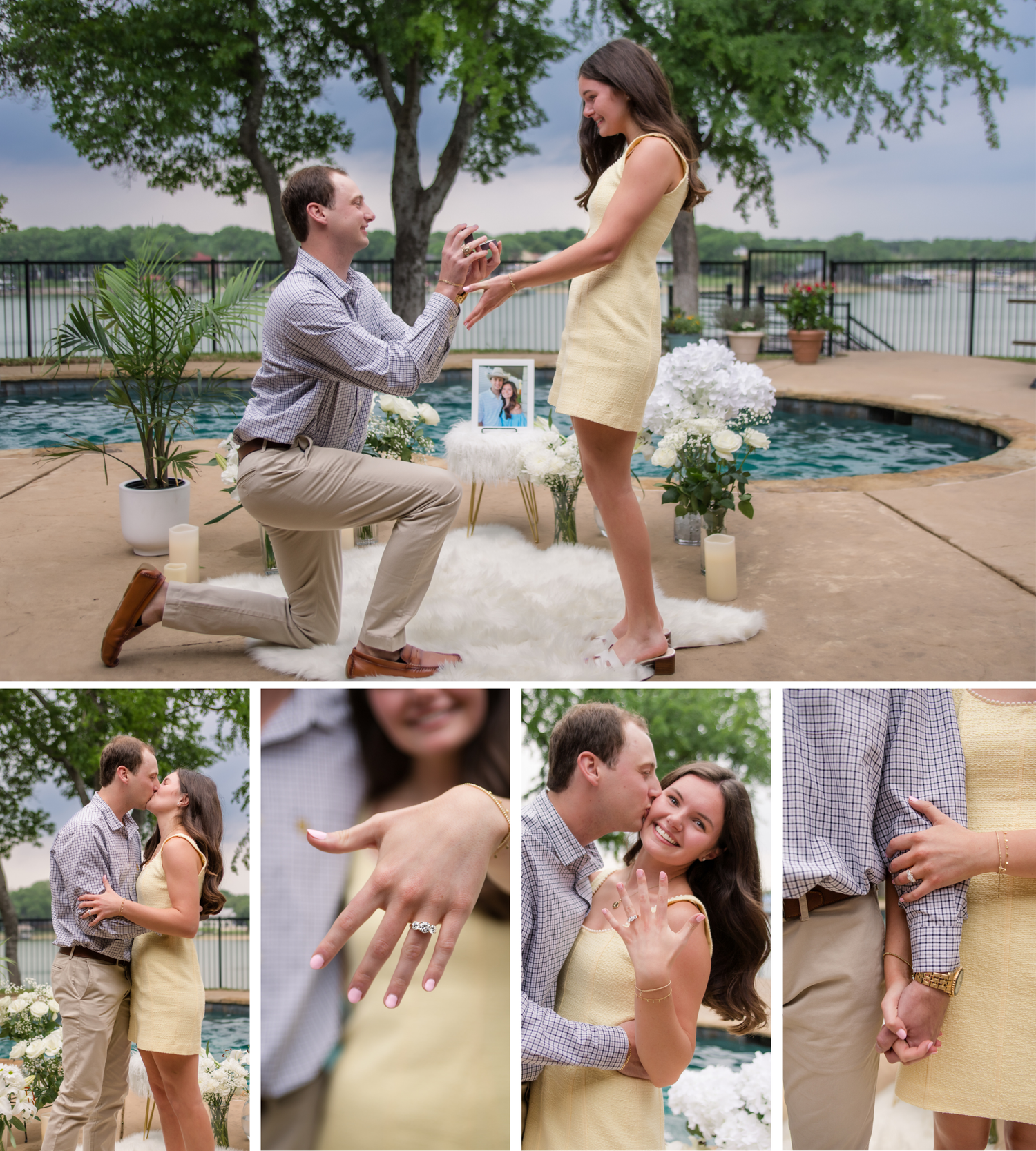 A couple sharing a romantic waterfront proposal moment by a pool with emotional reactions captured in multiple detail shots.