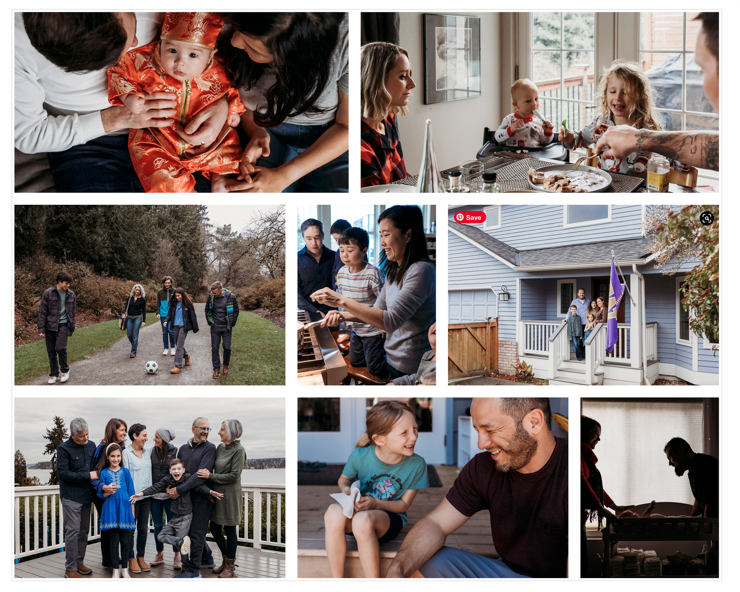 Collage of family moments showing outdoor walks, indoor activities, and casual interactions.