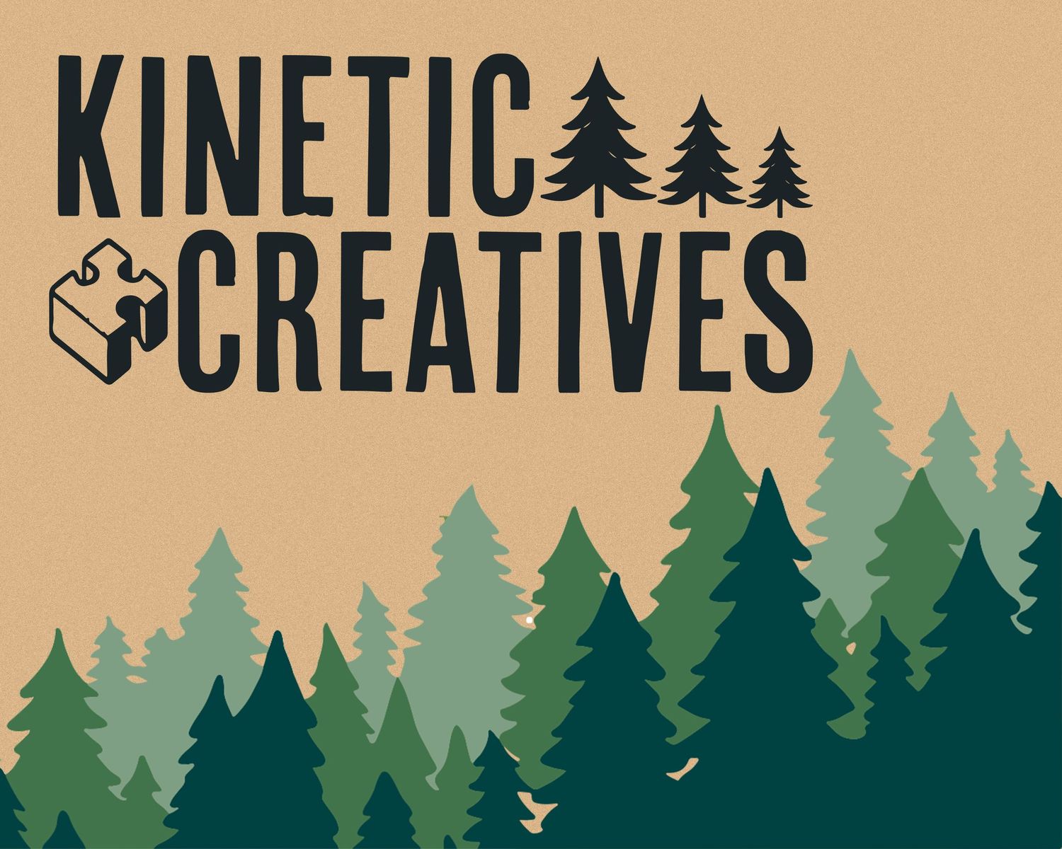 Logo design featuring pine trees and text 'Kinetic Creatives' on tan background.