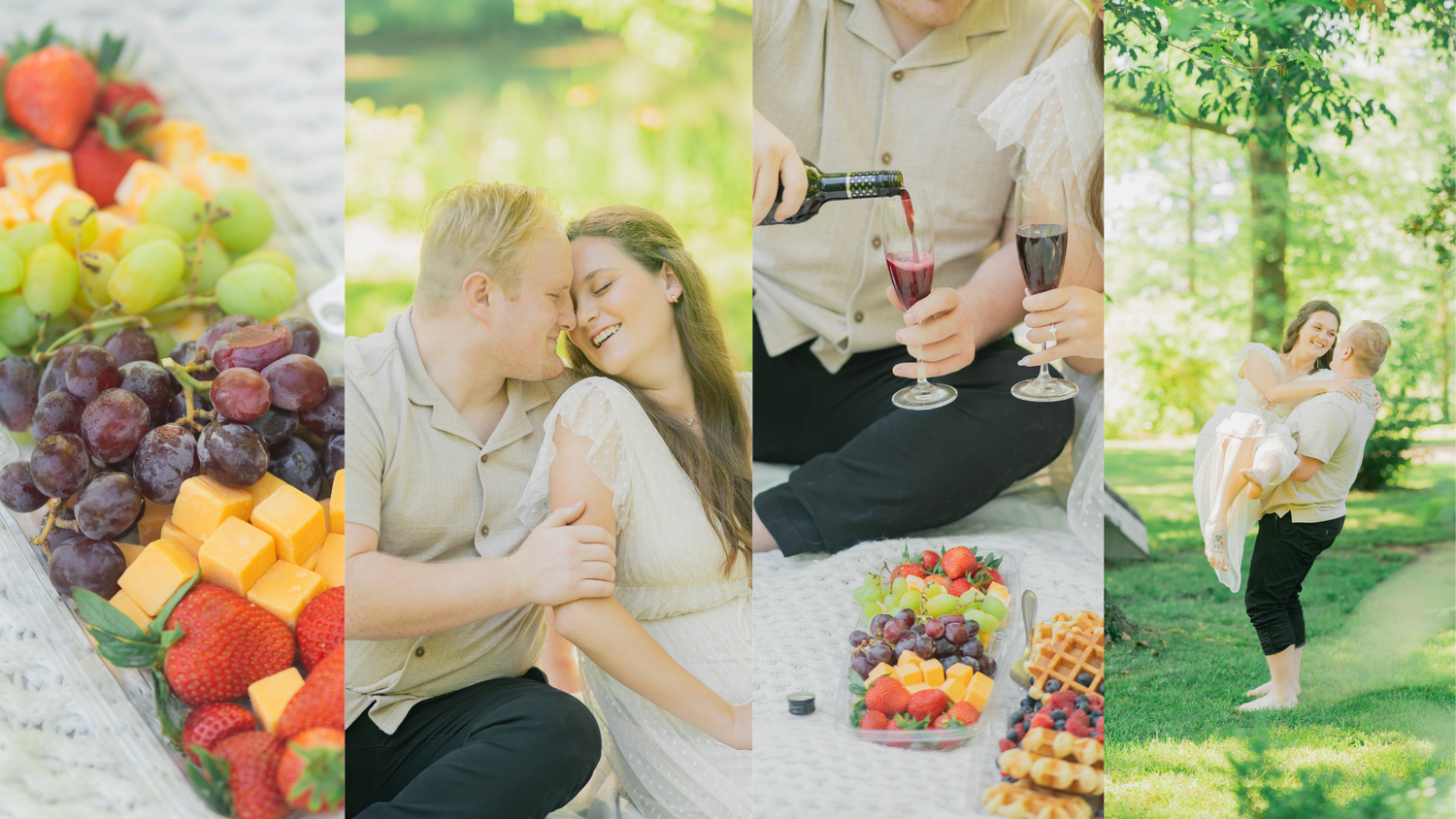 A couple enjoys a romantic outdoor picnic surrounded by fresh fruit, wine, and lush green scenery.